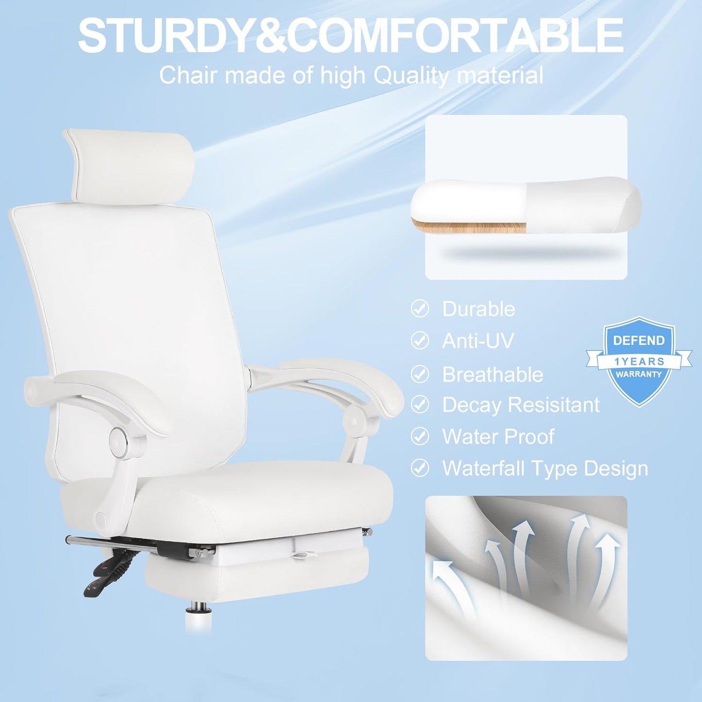 Misolant Ergonomic Office Chair with Footrest, Ergonomic Desk Chair with Adjustable 2D Lumbar Support, High Back Computer Chair with Adjustable Headrest, White Comfortable Leather Office Chairs