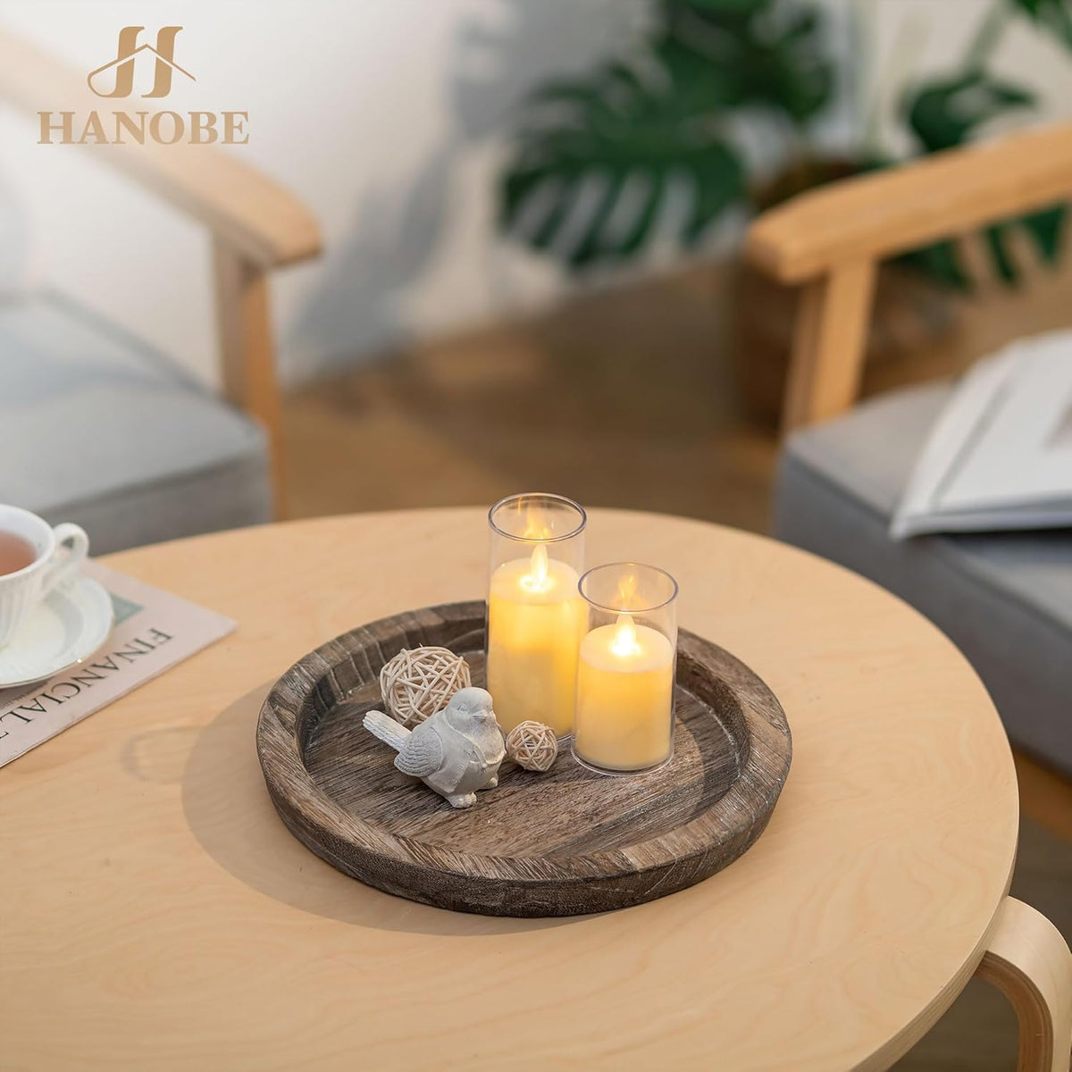 Hanobe Candle Plate Holder Tray: Round Wooden Decorative Candle Plate Small Farmhouse Table Centerpiece Rustic Wood Tealight Pillar Trays for Christmas Wedding Halloween Home Decor