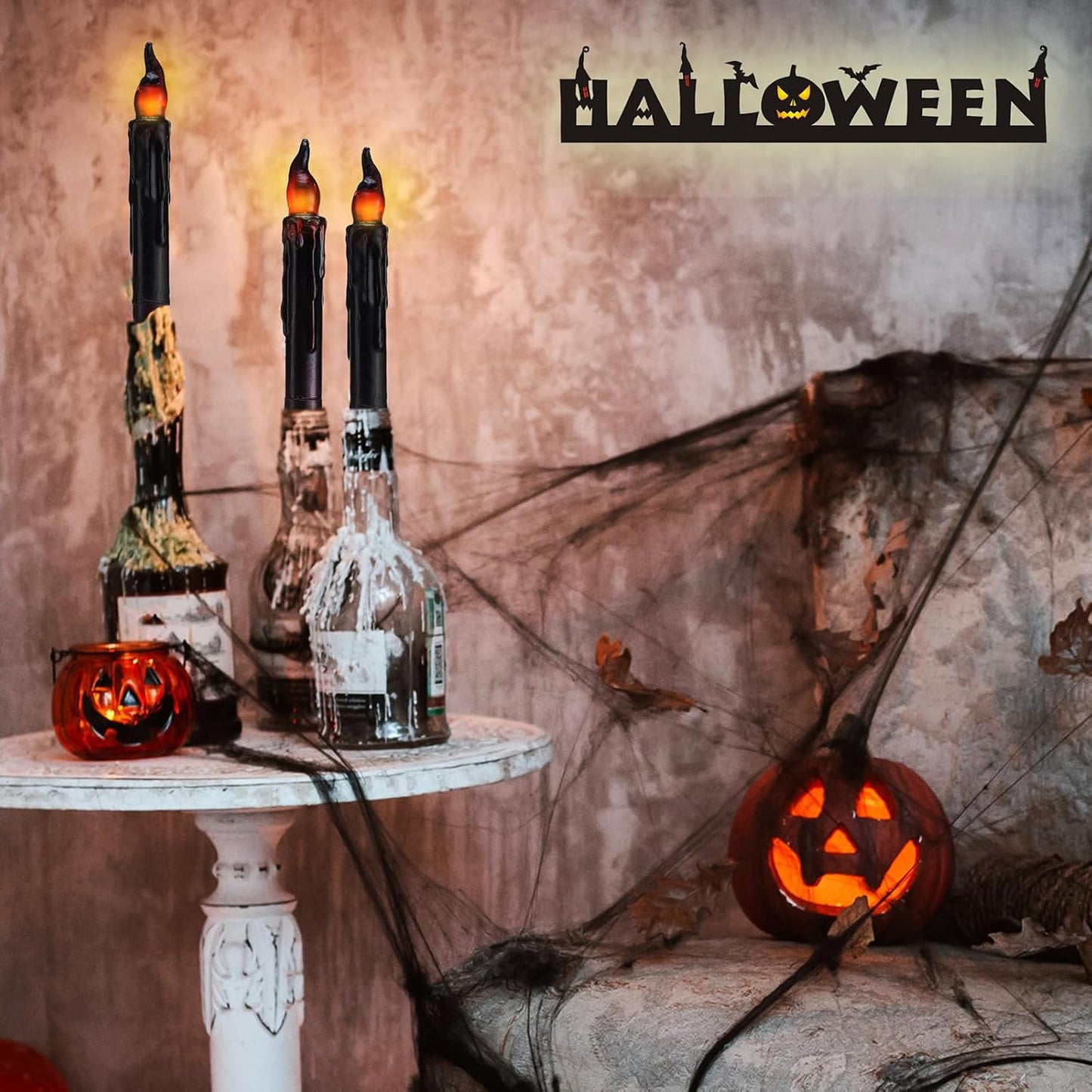 Baquler 6 Pcs Halloween Flameless Candles Real Wax Hand Dipped 6.5 Inch Black Short Taper Candles Battery Operated Rustic LED Candlesticks for Halloween Decoration Fireplace Dinning Table Home Party