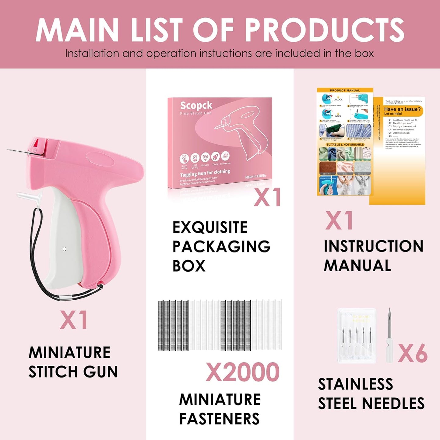 Handheld Stitch Tag Gun for Clothes, Quick Clothing Fixer, Tagging, Sewing Kit Includes 6 Needle, 1000 Black Fasteners & 1000 White Fasteners, Pink