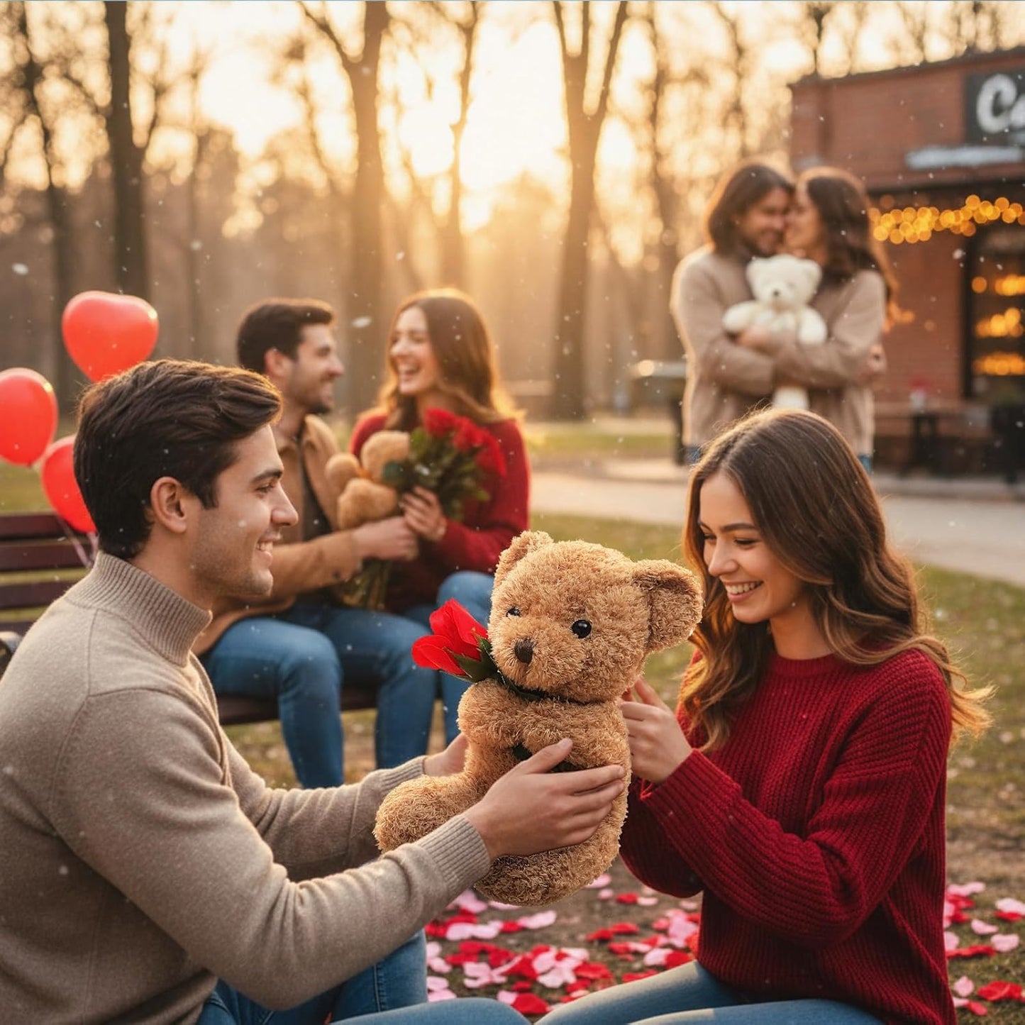 Civaner Valentine Bear Stuffed Animal Gift with Rose Funny Cute Bear Stuffed Animal Plush Gift for Valentine Mother Birthday Wedding Christmas, 11.8 Inches(Beige)
