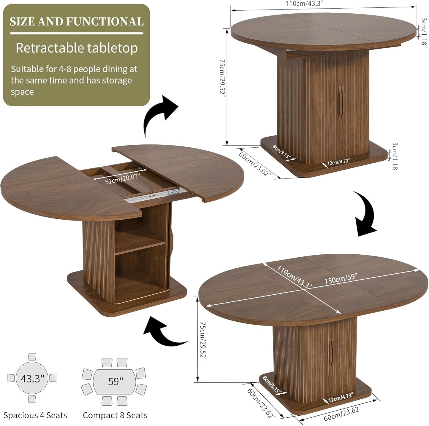 Extendable Round Dining Table for 4-6-8, 59 Inch Dining Room Kitchen Table with Storage, Fluted Wood Slide Door, Modern Oval Circle Dinner Furniture for Living Room, Farmhouse, Brown, Walnut