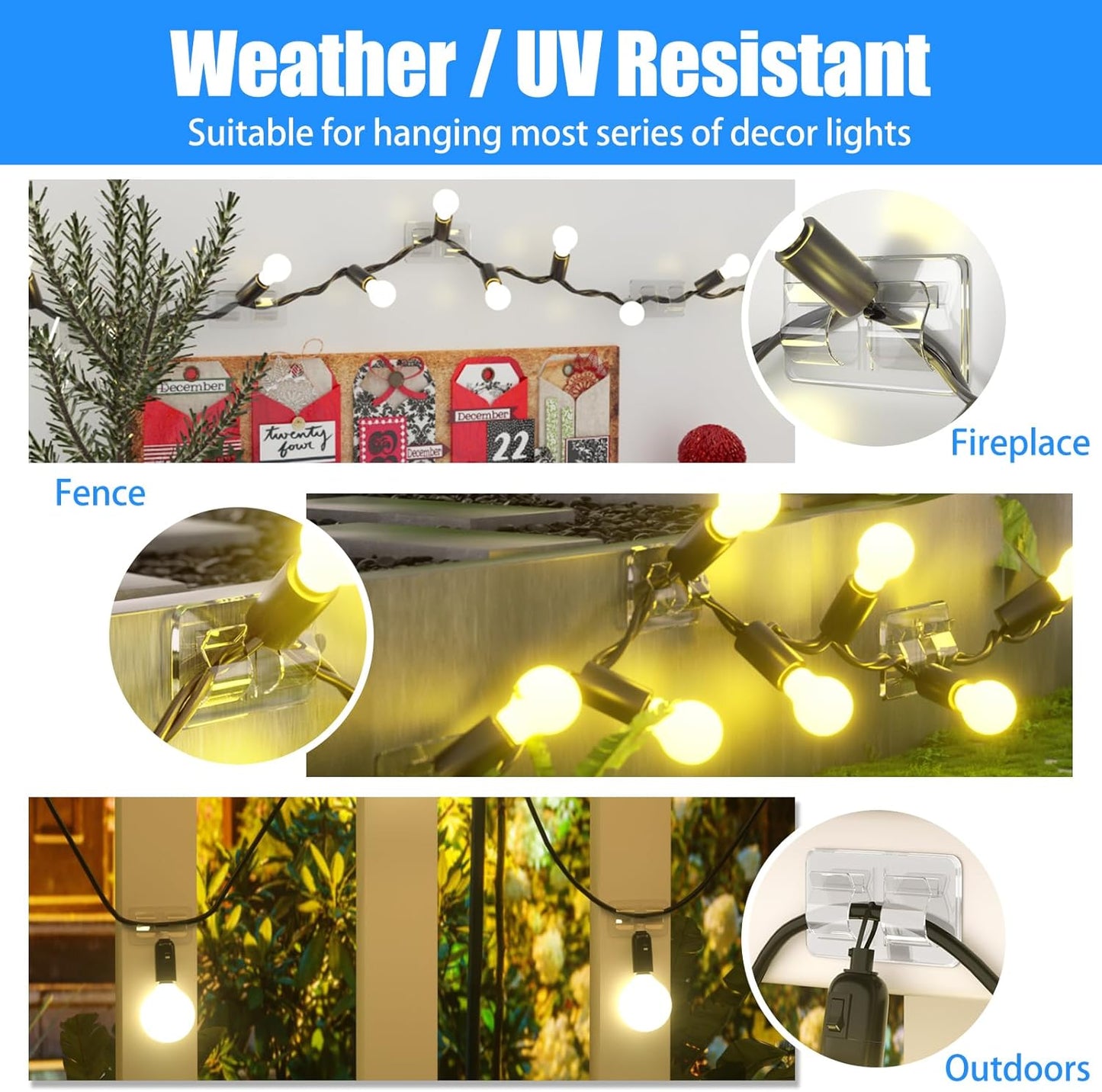 Hooks for Outdoor String Lights Clips: 25Pcs Heavy Duty Cable Clips with Waterproof Adhesive Strips for Hanging Christmas Light