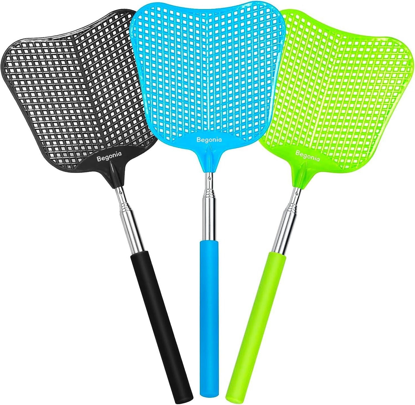 Telescopic Fly Swatter, Begonia Fly Swatter for Indoors,Manual Plastic Flyswatter Heavy Duty with Stainless Steel Telescopic Handle (3 Pack)