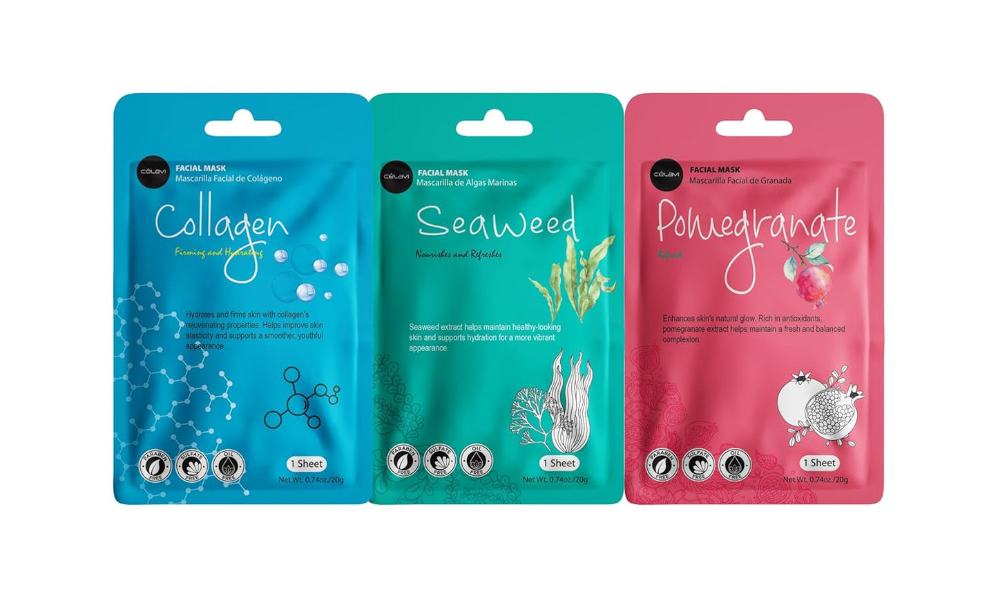 Celavi Essence Facial Sheet Face Mask Variety Set Classic Authentic Korean Moisturizing Skincare (12-Packs)