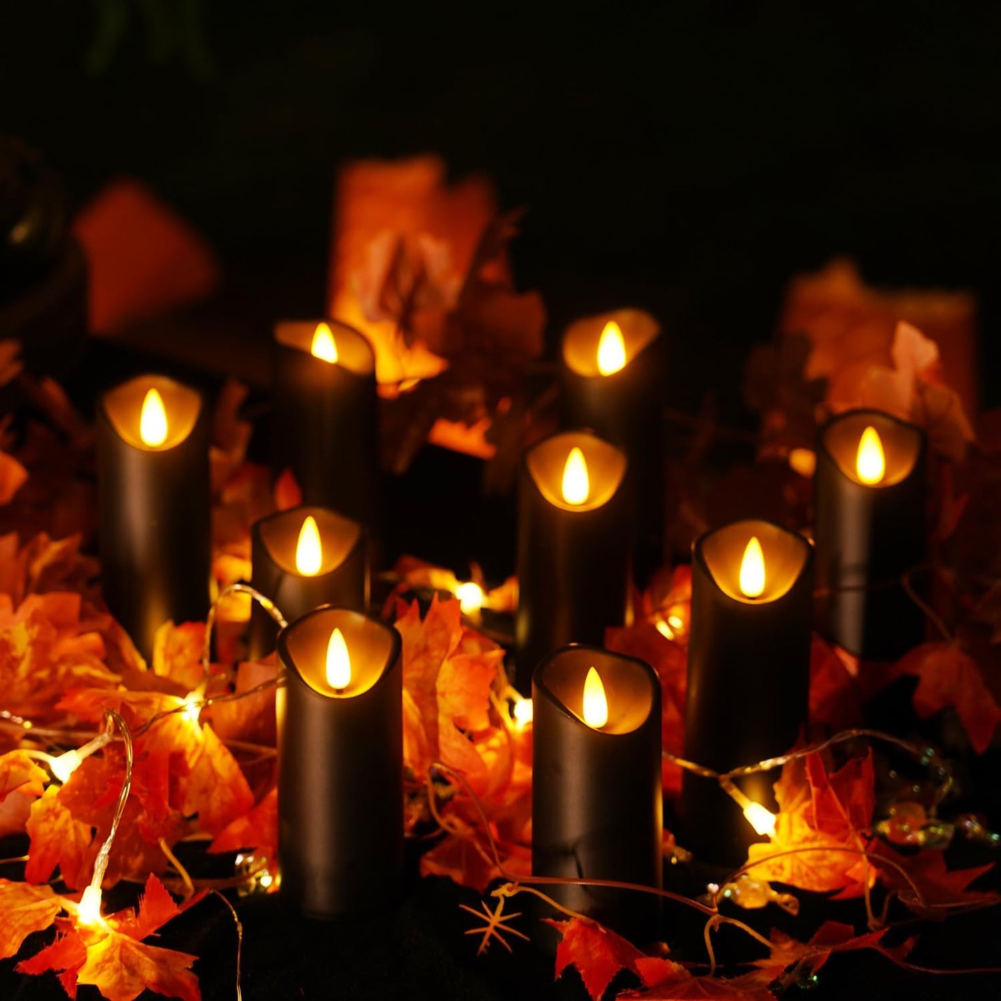 Homemory Black Flameless Candles, Halloween Candles, Battery Operated Candles, LED Pillar Candles with Remote Control and Timers, Set of 9
