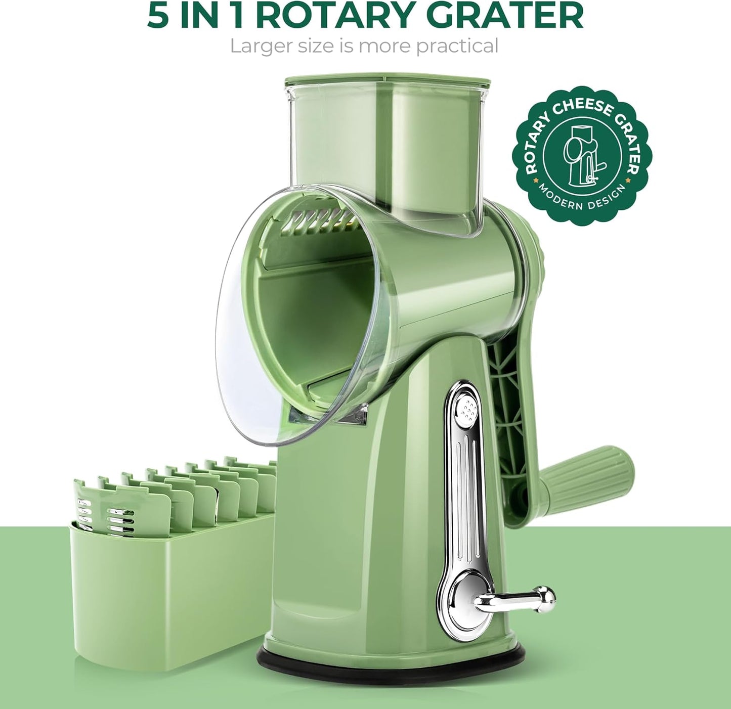 SUSTEAS Rotary Cheese Grater with Handle - Vegetable Shredder with 5 Well-designed Blades & Strong Suction Base,Round Mandoline Slicer & Food Chopper for Kitchen,with Blade Storage Box(Retro Green)