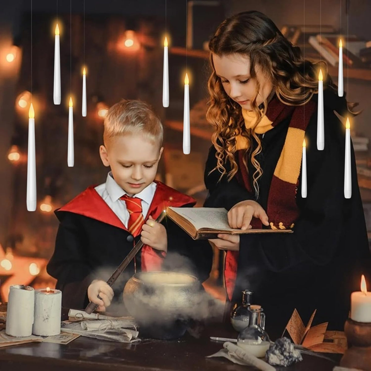 Flameless Floating Candles with Wand,20 Pcs Magic LED Hanging Taper Candles,Flickering Battery Operated Taper Candle with Wand Remote for Halloween Decorations Best Gift(White)