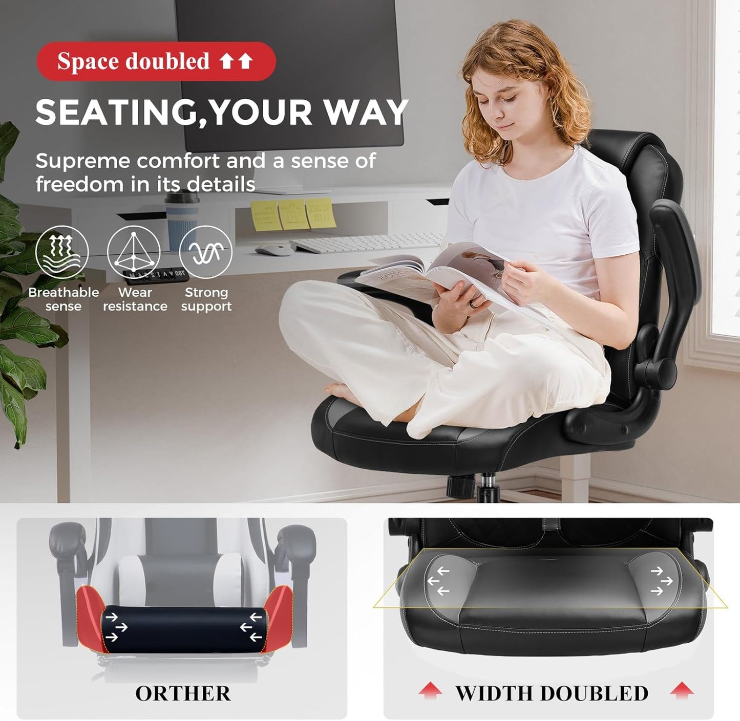 GTRACING Office Computer Gaming Chair Ergonomic Desk Chair for Adults with Lumbar Support Flip-Up Arms Adjustable Height Swivel Wheels PU Leather Executive Design for Short People Use, Gray