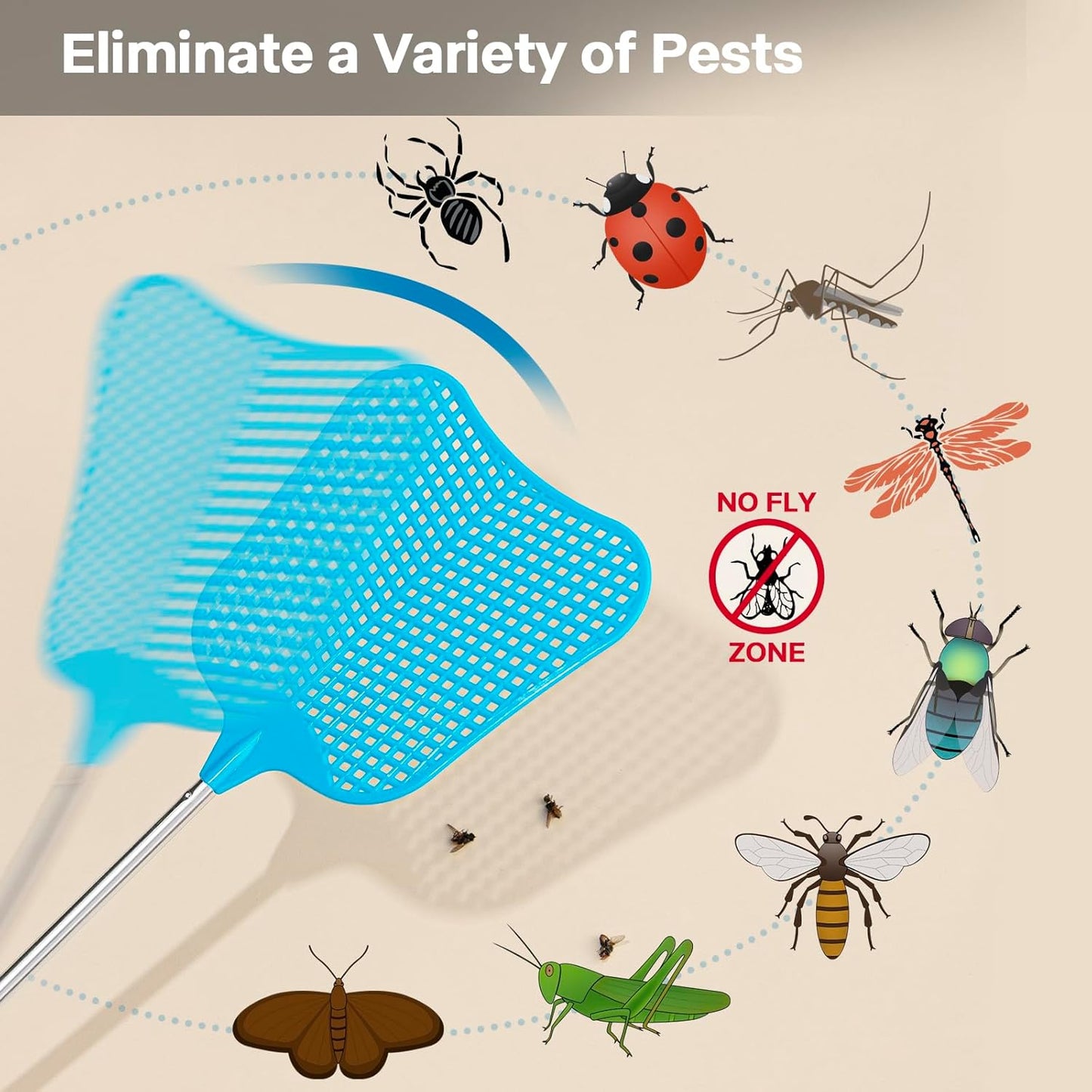 Telescopic Fly Swatter, Begonia Fly Swatter for Indoors,Manual Plastic Flyswatter Heavy Duty with Stainless Steel Telescopic Handle (3 Pack)