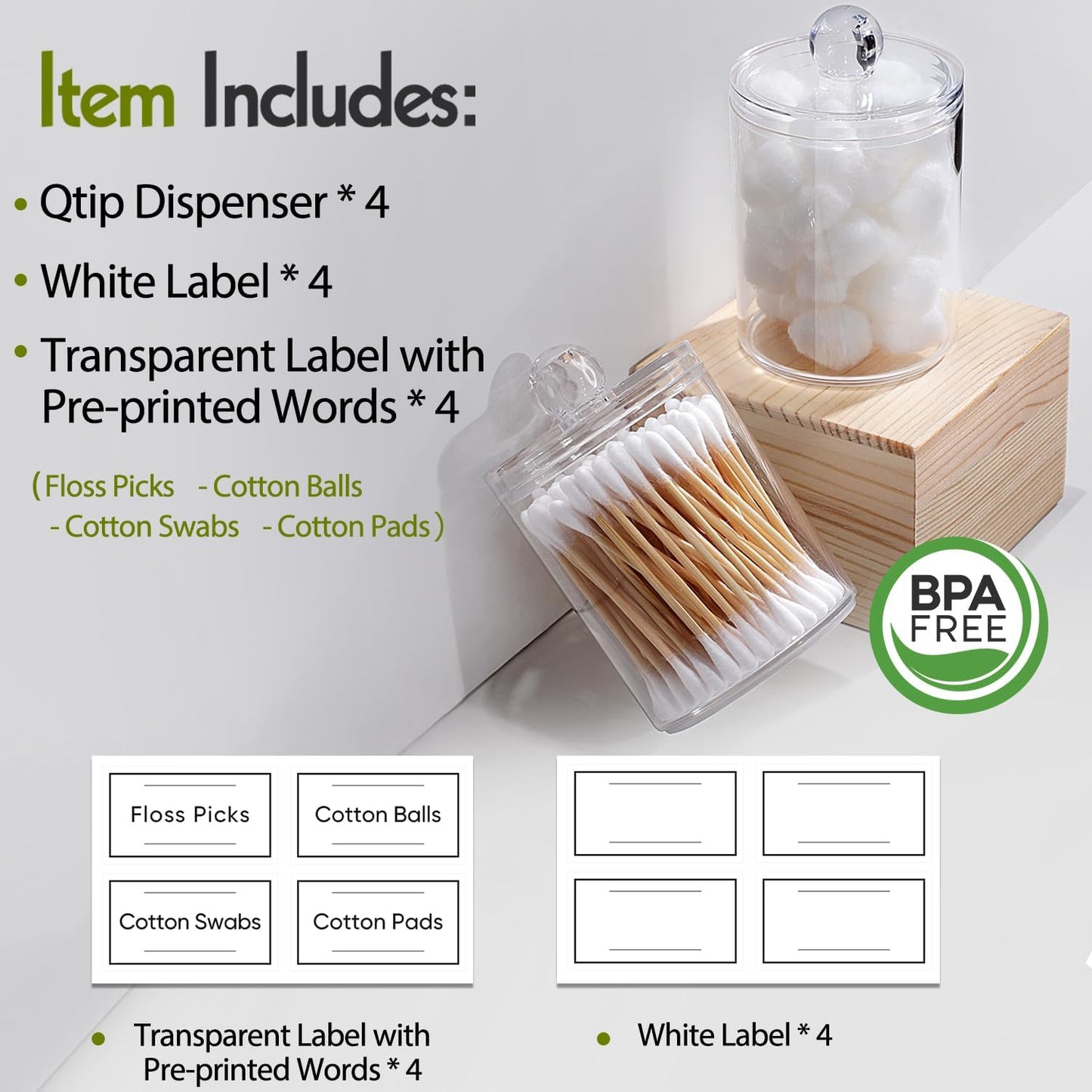 Clear Acrylic Qtip Holder Dispenser Set 4-Pack – Bathroom Vanity Storage Jars for Cotton Balls, Swabs, Pads, Floss Picks (10oz & 12oz)