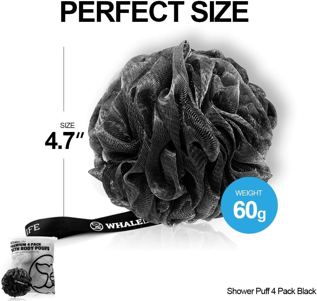 Shower Puff 4 Pack Black Bath Sponge Shower Loofahs Pouf Ball Nature Bamboo Charcoal Mesh Bulk Puffs Large, Shower Essential Skin Care by WhaleLife