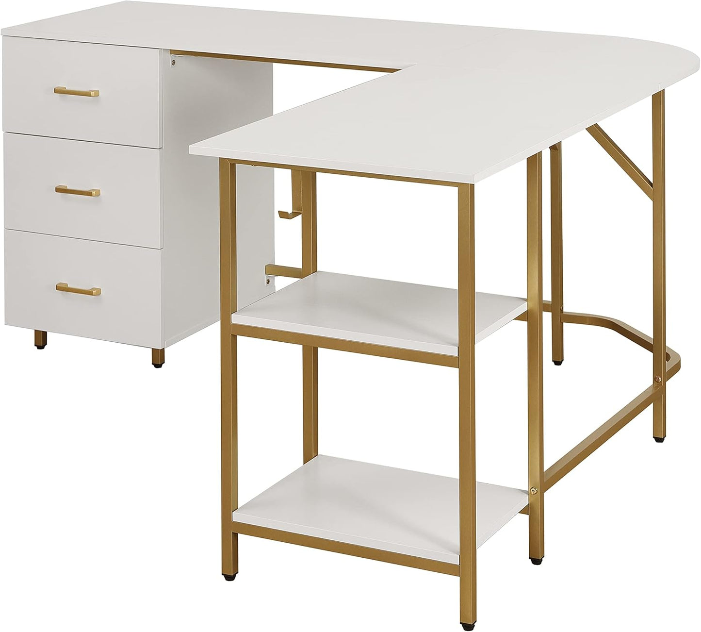 Techni Mobili L Shaped Desk - Two-Toned Computer Desk with Drawers & Storage Shelves - Simple Modern Furniture & Home Office Space Corner Table for Work & Writing