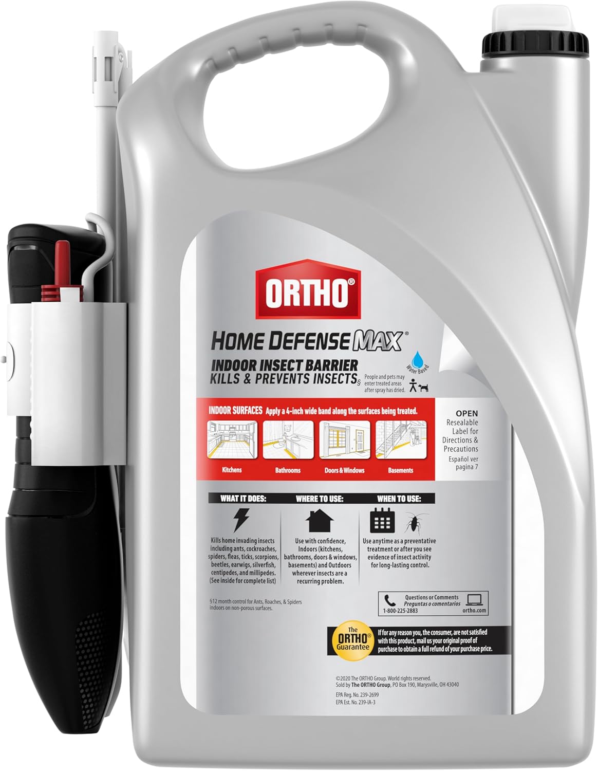 Ortho Home Defense Max Indoor Insect Barrier with Extended Reach Comfort Wand, Kills Ants, Roaches, Spiders, Fleas and Ticks, 1 gal.