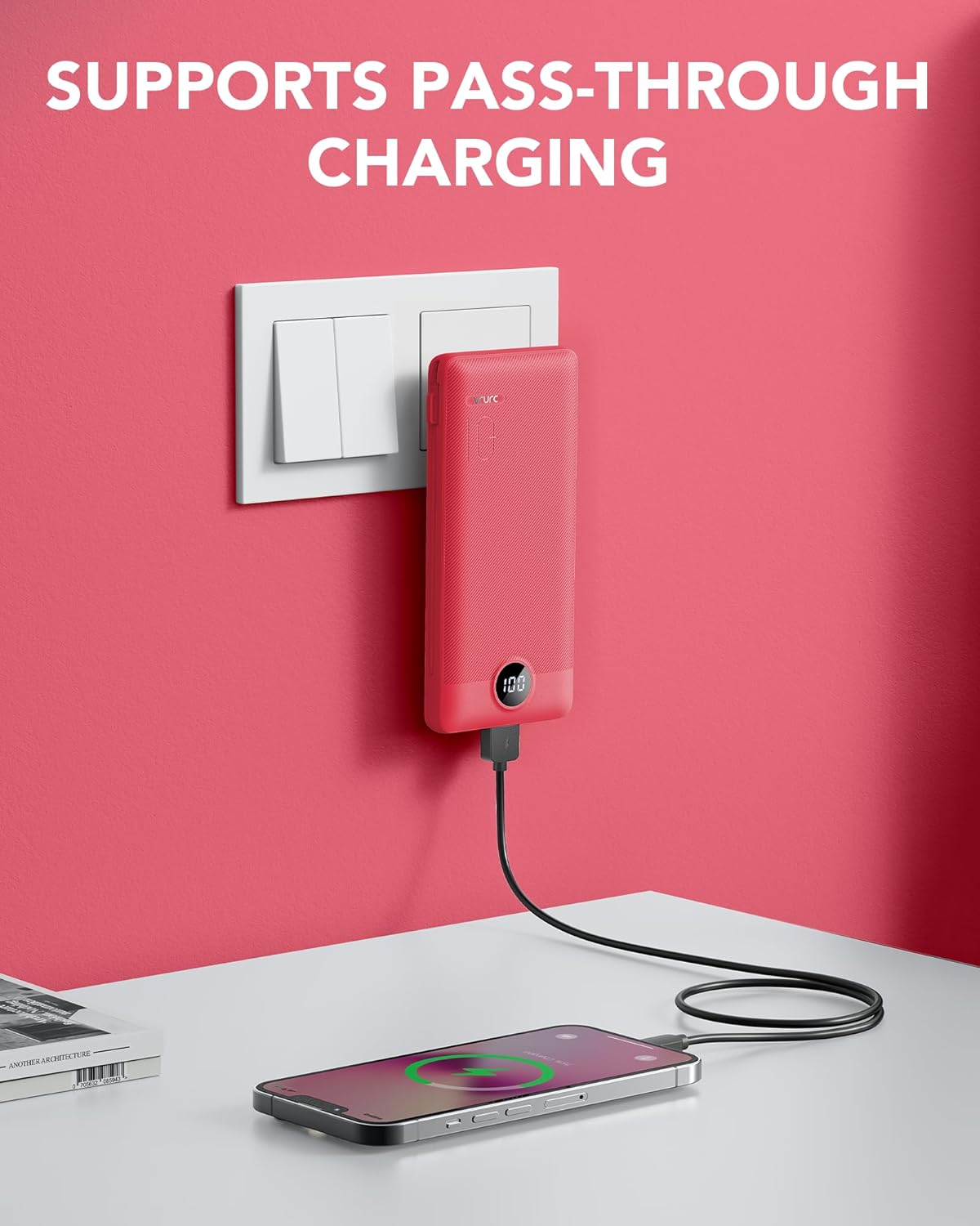 Portable Charger Built-in Cables and AC Wall Plug, VRURC USB C Power Bank 10000mAh, Travel Battery Portable Phone Charger Compact Lightweight External Battery Pack for SmartPhones,Tablets-Viva Magenta