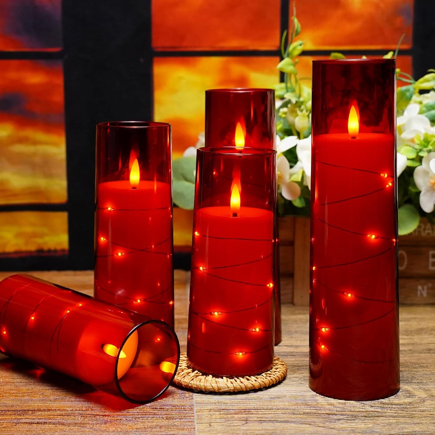 kakoya Flameless LED Candles with Timer 5 Pc Flickering Flameless Candles for Romantic Ambiance and Home Decoration Stable Acrylic Shell,with Embedded Star String,Battery Operated Candles(Red)