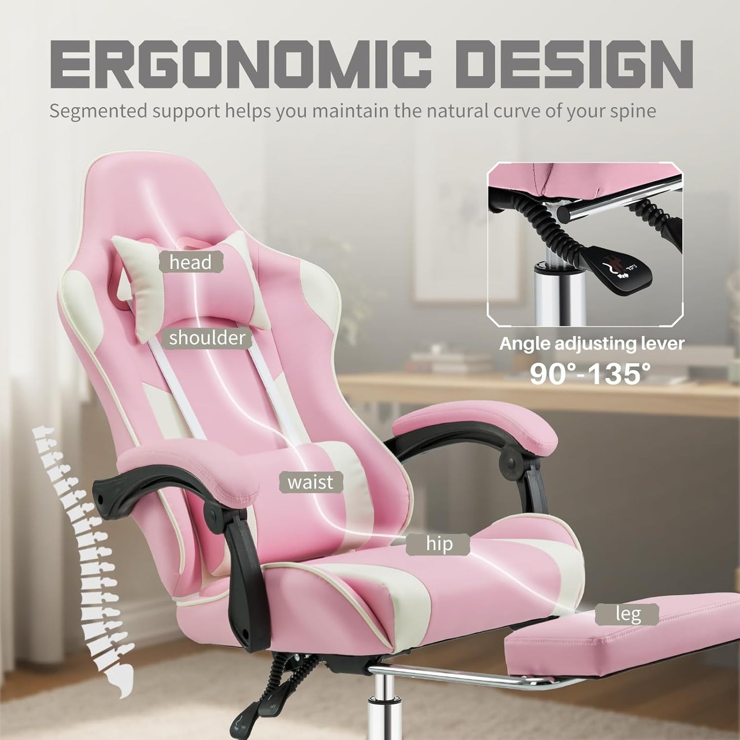 DUMOS Ergonomic Gaming Office Desk Chair with Footrest and Headrest for Adults, PU Leather Video Computer Chair with Linkage Armrests, Height Adjustable 360° Swivel Recling Chair, White Pink