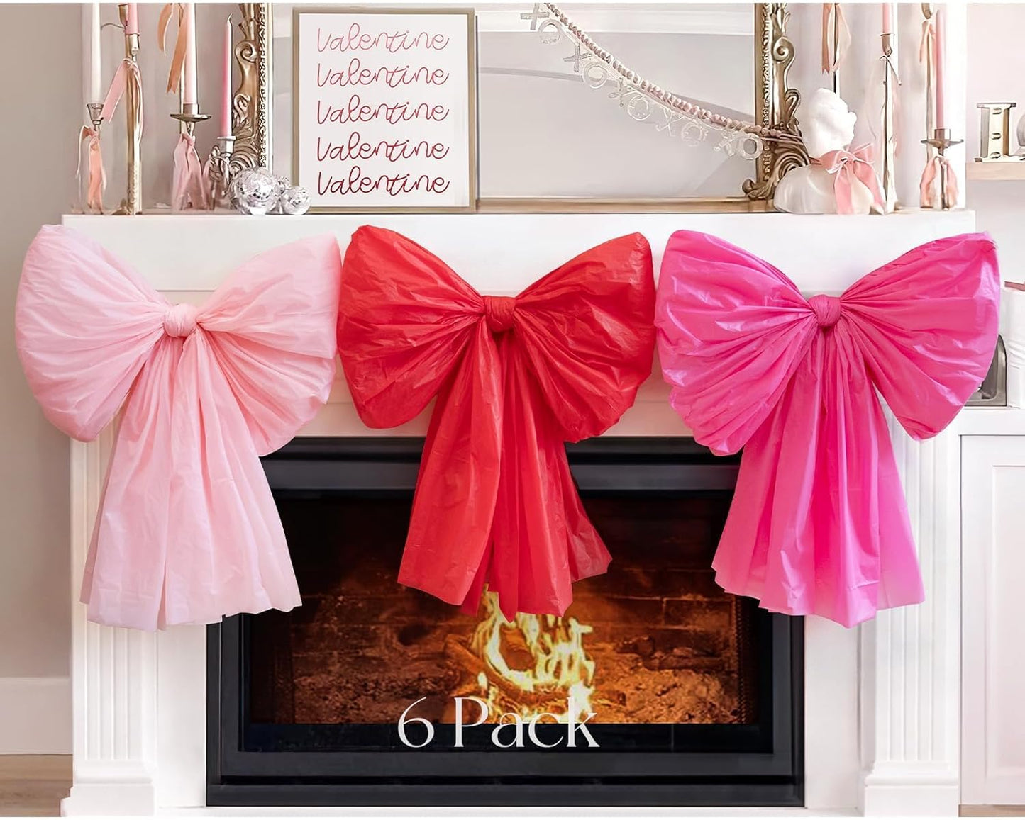 Valentines Day Decorations - Set of 6 DIY Giant Wall Bows - Hanging Valentine Bow Decor for Tree Door Window - Cute Items for Home Room Kitchen Classroom Bedroom Party Office Decoration