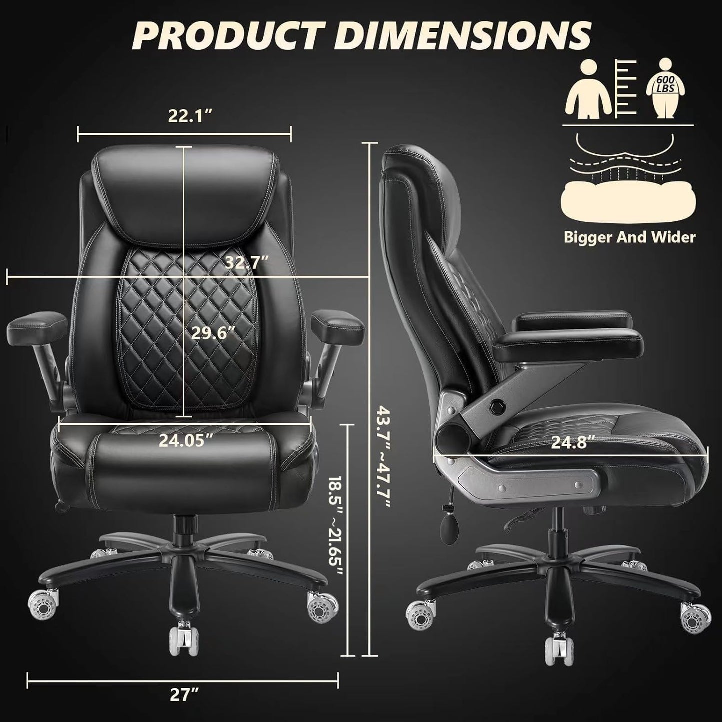 600LBS Large Heavy Duty Office Chair with 5D Flip Arms, Comfy Big and Tall Executive Office Desk Chair with Pocket Spring Cushion,High Back Computer Chair with Lumbar Support,Dual Rubber Wheel