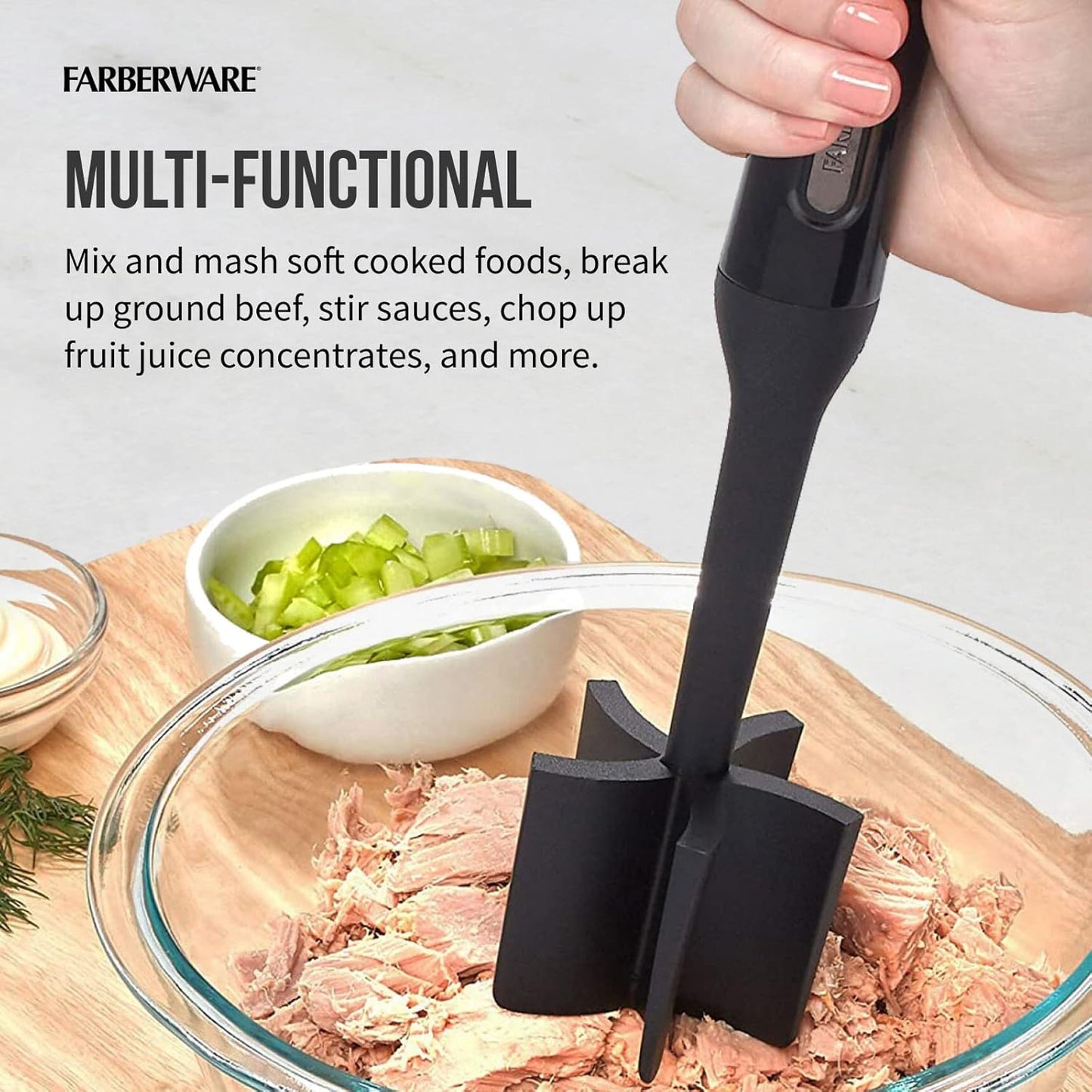 FARBERWARE Nylon Meat and Potato Masher – 5-Blade Ground Meat Chopper, Heat-Resistant to 450°F, Safe for Nonstick Cookware, Ergonomic Handle, 10-Inch, Dishwasher-Safe, Black