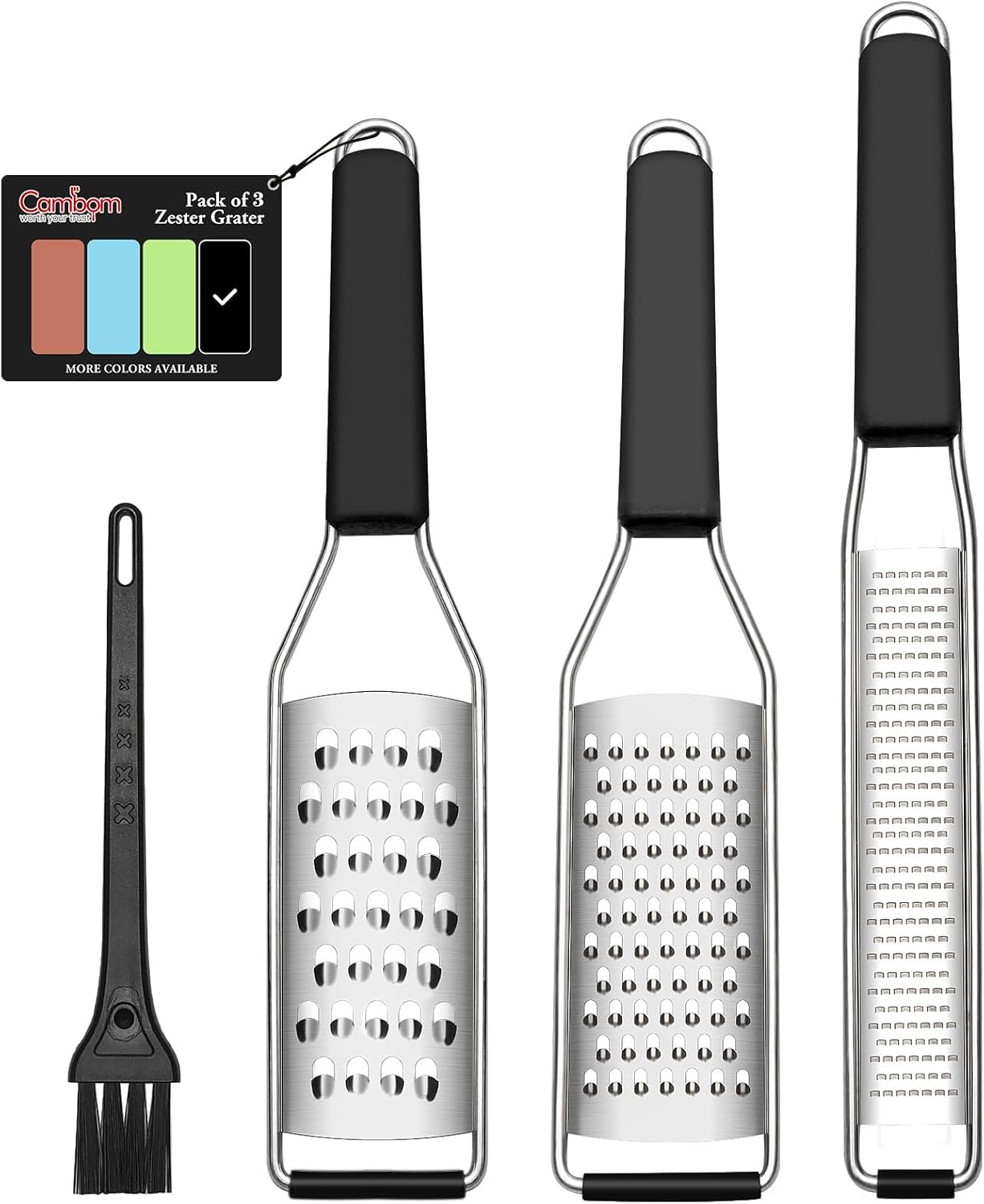 Cambom Lemon Zester Grater Three-piece Suit - Heavy Duty Kitchen Tool for Parmesan Cheese, Ginger, Garlic, Nutmeg, Chocolate, Vegetables,Fruits,Stainless Steel Grater Dishwasher Safe Black