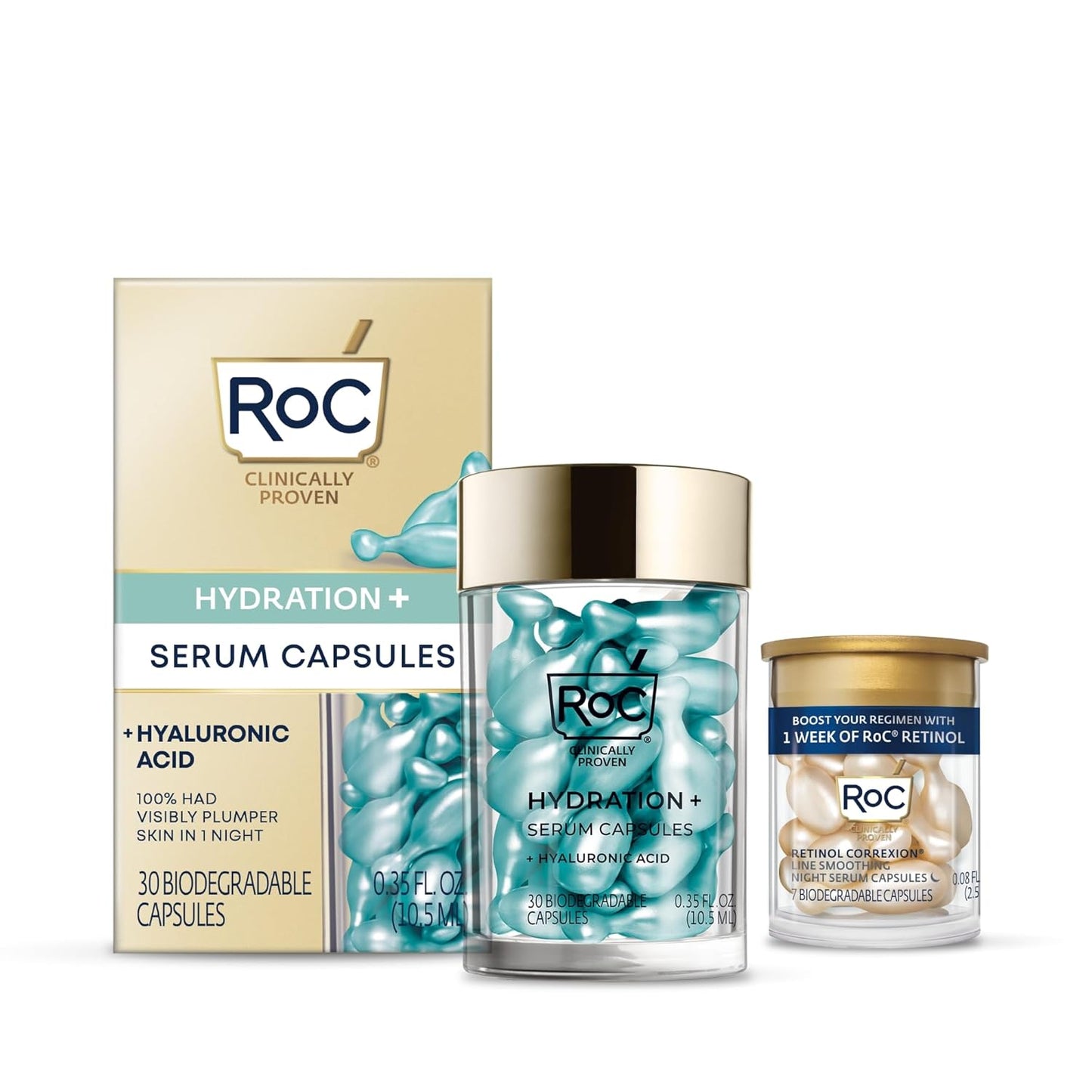 RoC Multi Correxion Hyaluronic Acid Night Serum Capsules (30 CT) for Intense Hydration + RoC Retinol Capsules (7 CT), Anti-Aging Skin Care Wrinkle Treatment for Women and Men