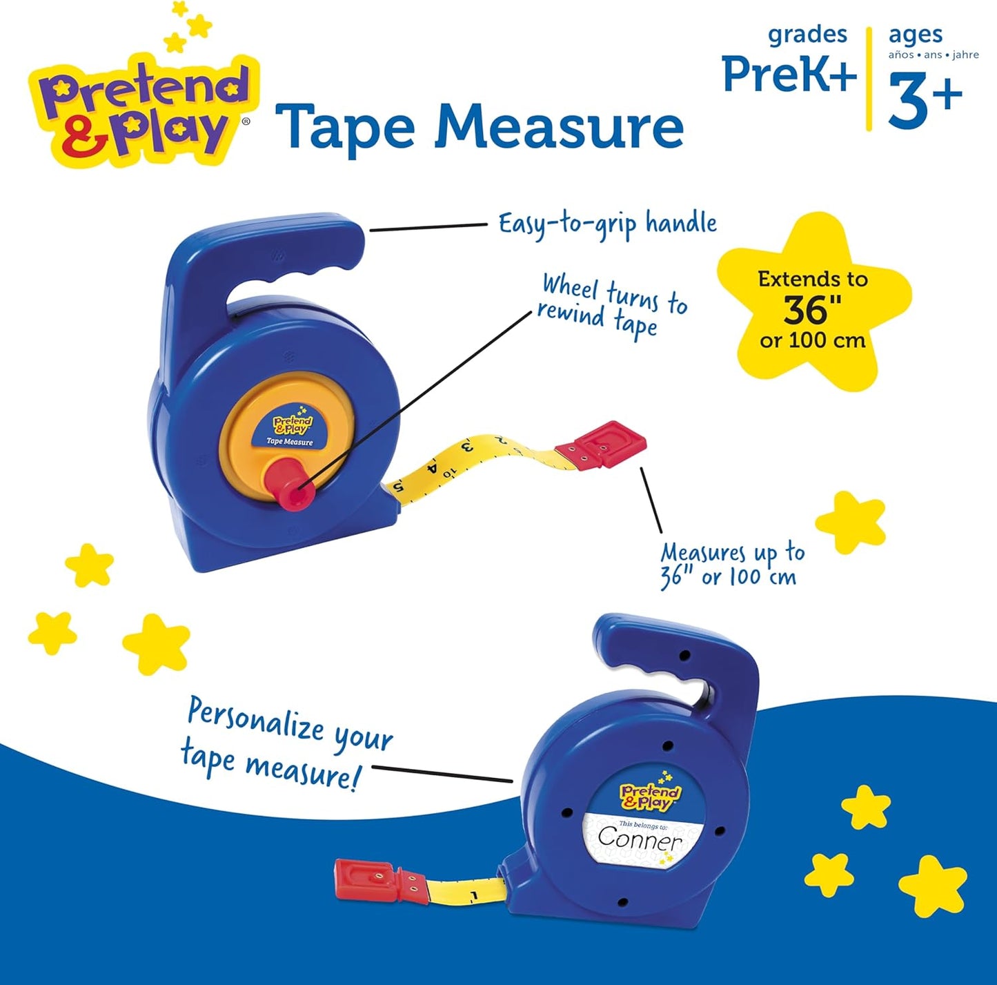 Learning Resources Pretend Play 3" Long Tape Measure - Kids Construction Toys, Preschool Activities, Pretend Play For Toddlers , Height Measurement Counting Tool, Fine Motor Skills, Homeschool