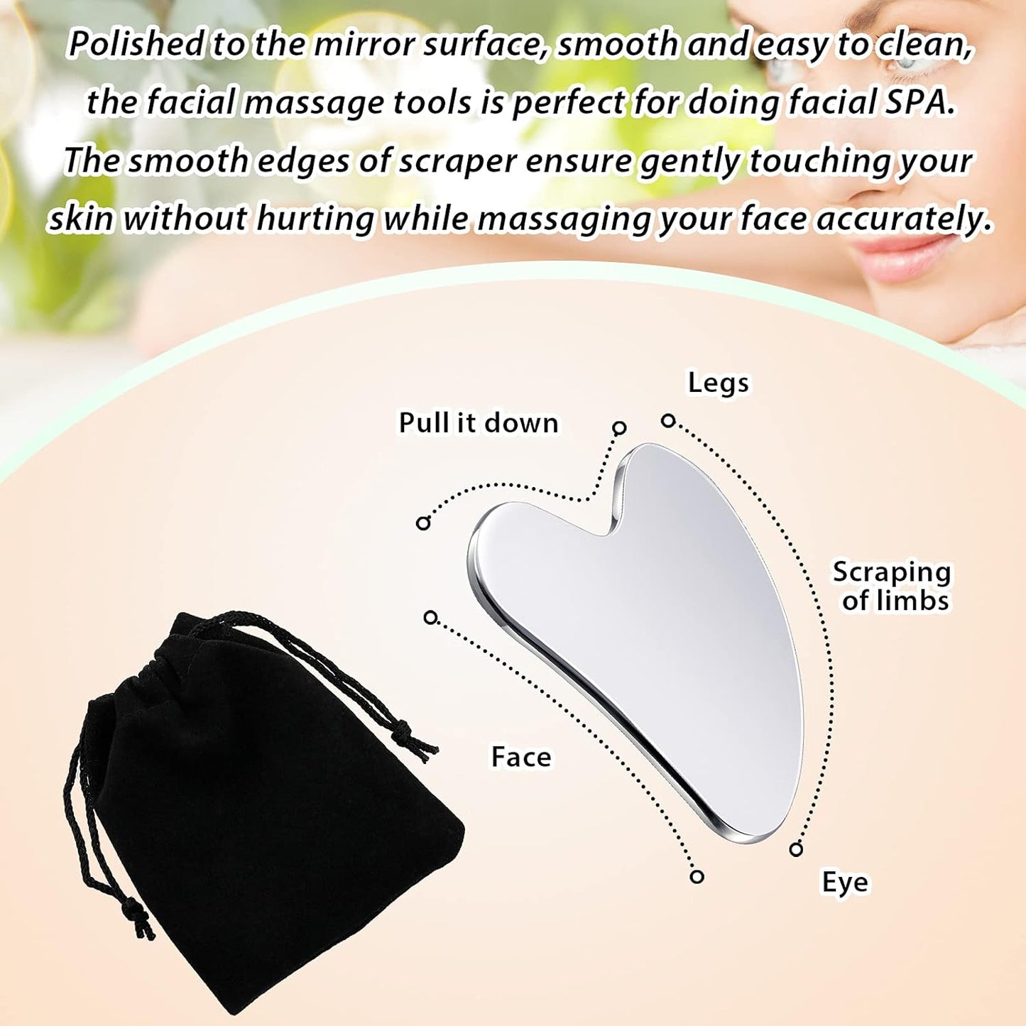 Nuanchu Stainless Steel Gua Sha Facial Tools Lymphatic Drainage Massager Guasha for Face Metal Gua Sha Skin Self Care Gifts Face Sculpting Guasha for Body Eyes Jawline Shaper with Pouch(Silver)
