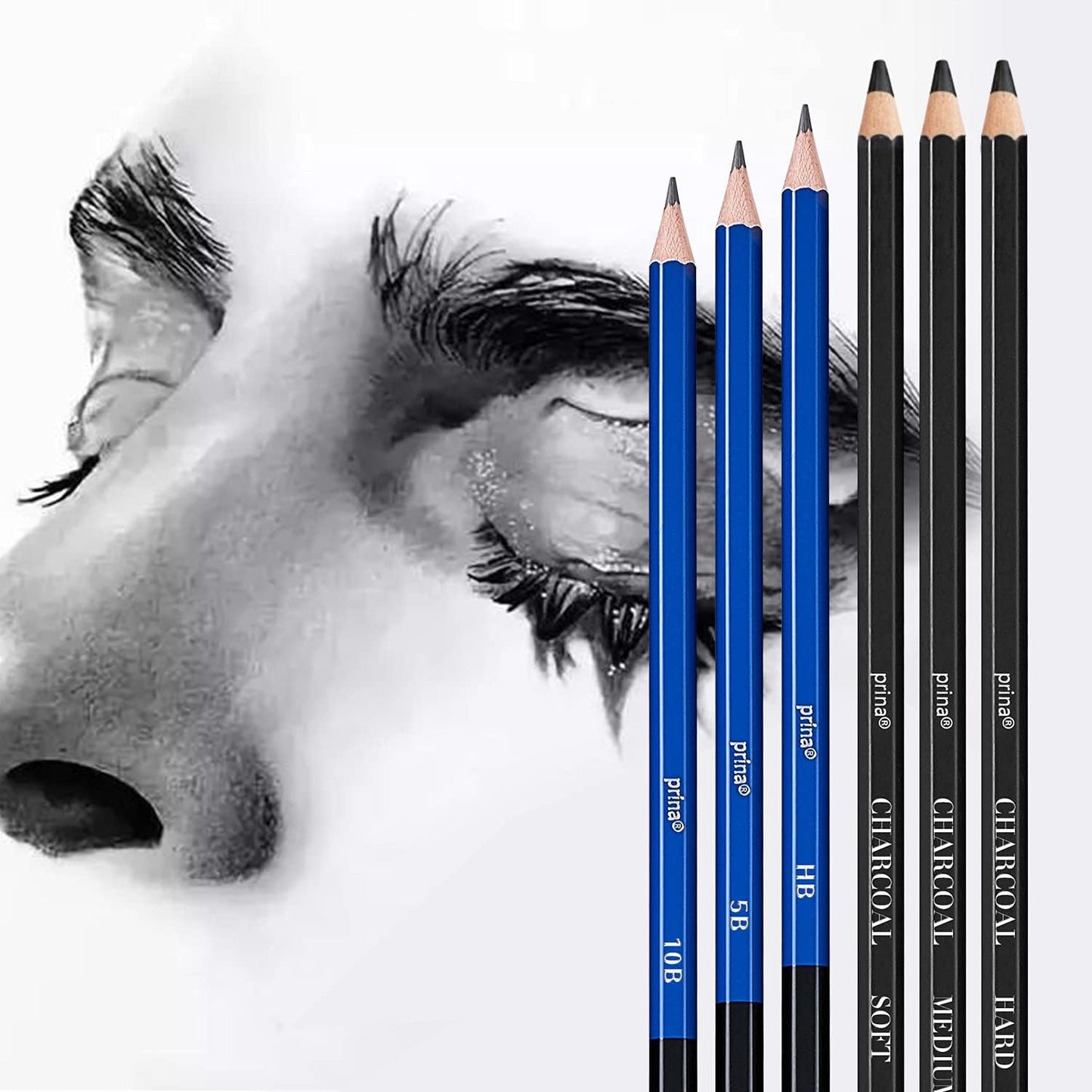 Prina 50 Pack Drawing Set Sketch Kit, Sketching Supplies with 3-Color Sketchbook, Graphite, and Charcoal Pencils, Pro Art Drawing Kit for Artists Adults Teens Beginner Kid, Ideal for Shading, Blending