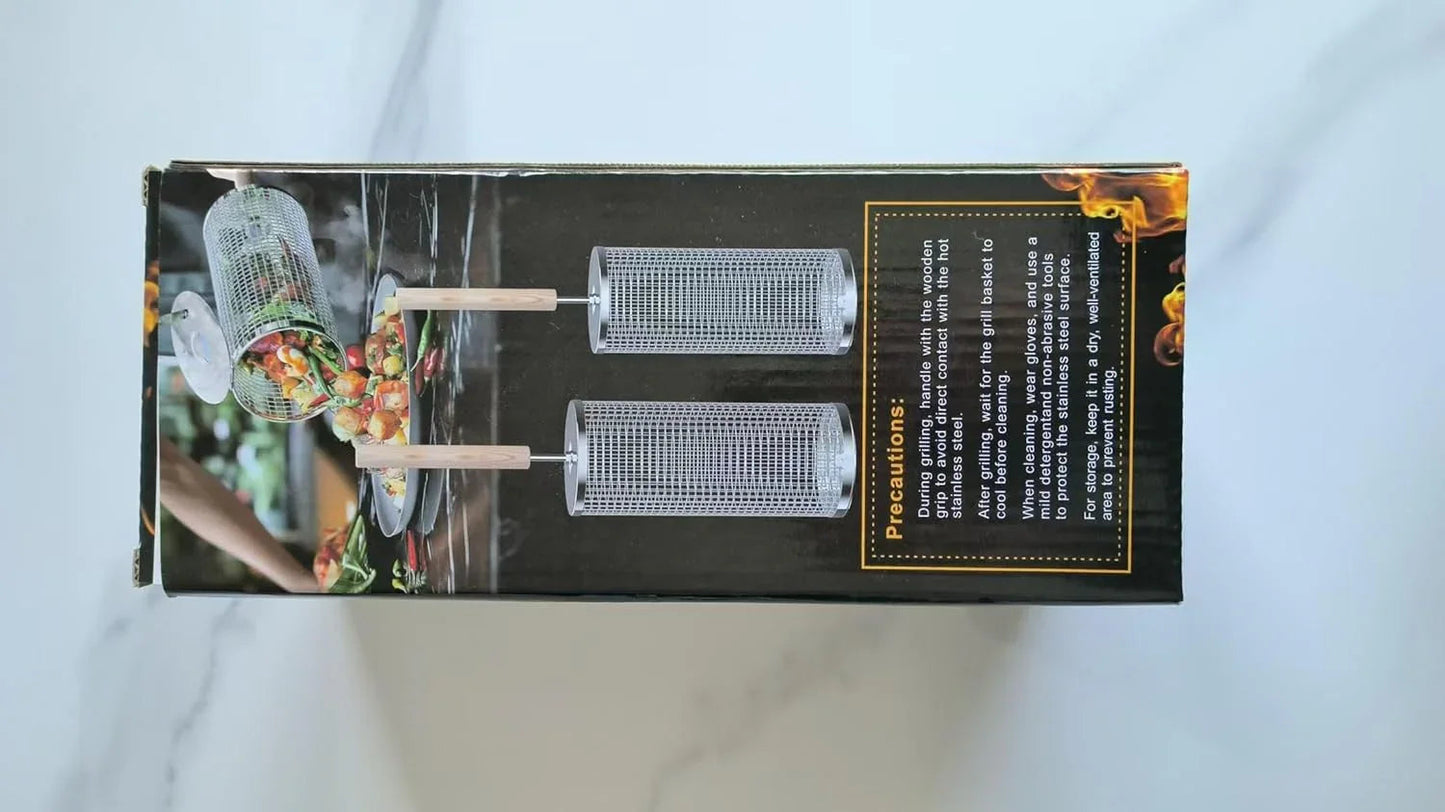 Nesting Grill Baskets (2PCS) with Removable Wooden Handle, Stainless Steel BBQ Tools - Cart Shape