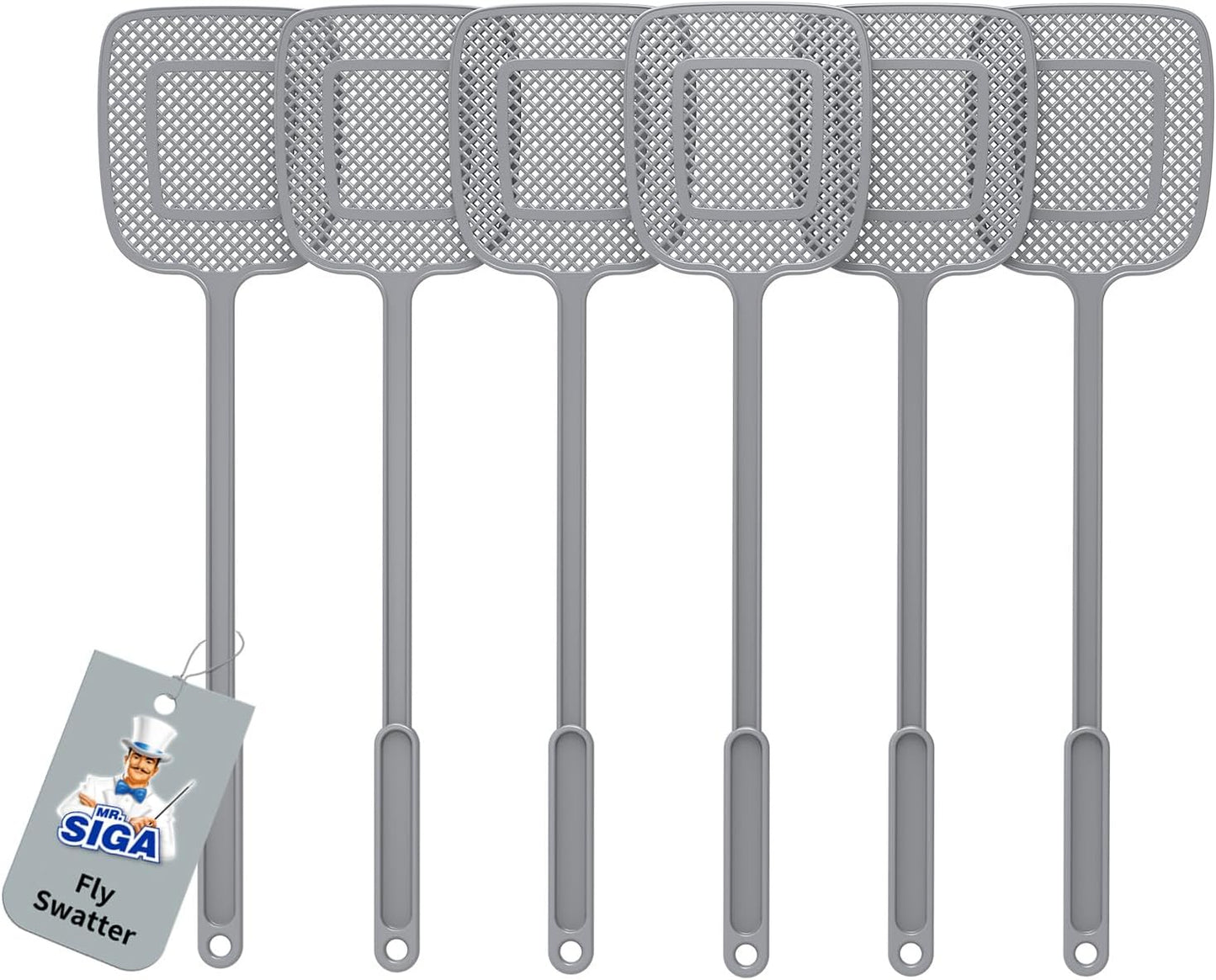 MR.SIGA Heavy Duty Long Handle Fly Swatter, Gray, 6 Pack