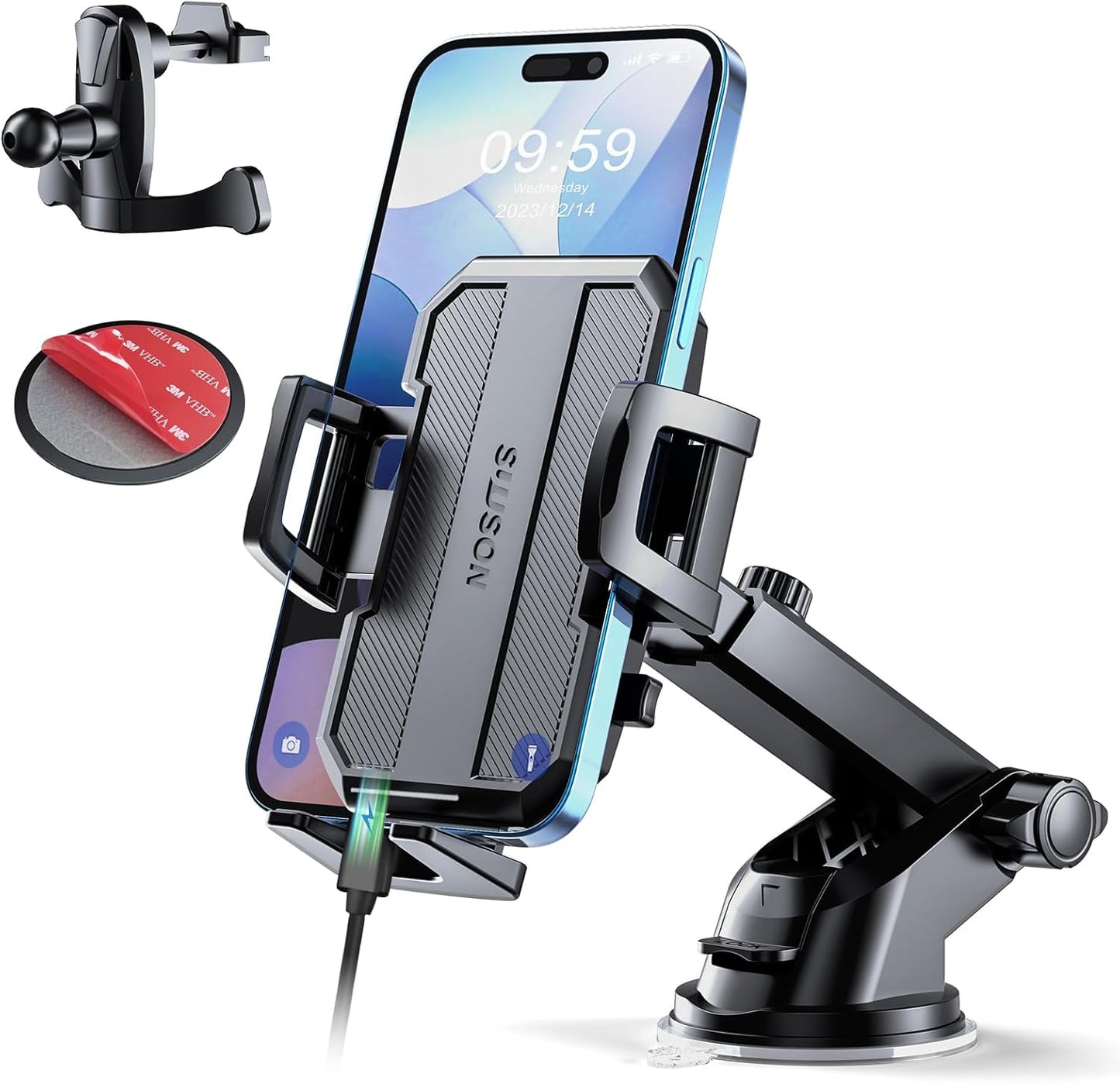 Upgraded 3-in-1 Car Phone Holder Mount Powerful Suction Phone Mount for Car Dashboard Air Vent Windshield,for All iPhone Android Phone (Black)