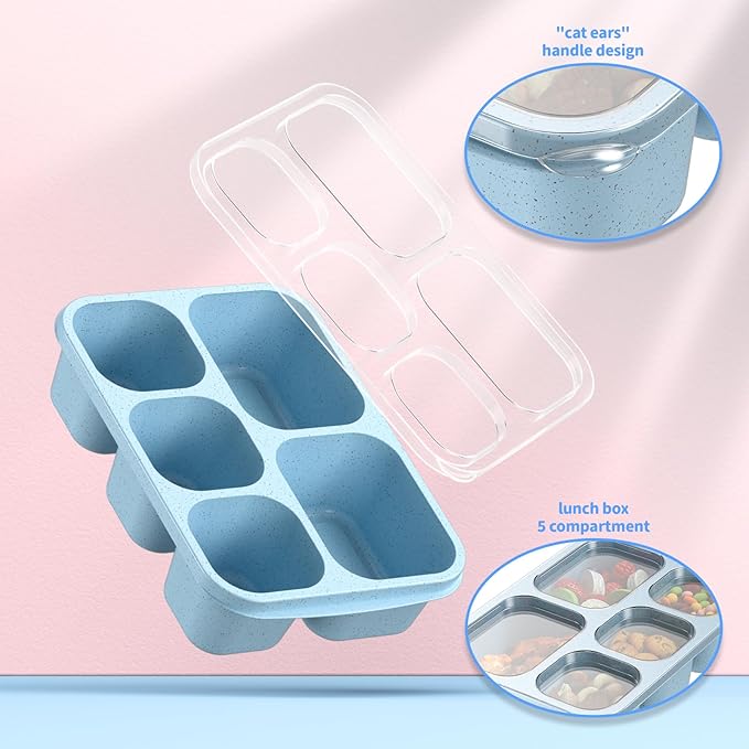 Bento Box Adult Lunch Box - 4 Pack, 5 - Compartment Meal Prep Container for Kids, Reusable Food Storage Snack Containers - Stackable for School, Work, and Travel (Wheat(Green/Blue/Pink/Beige))