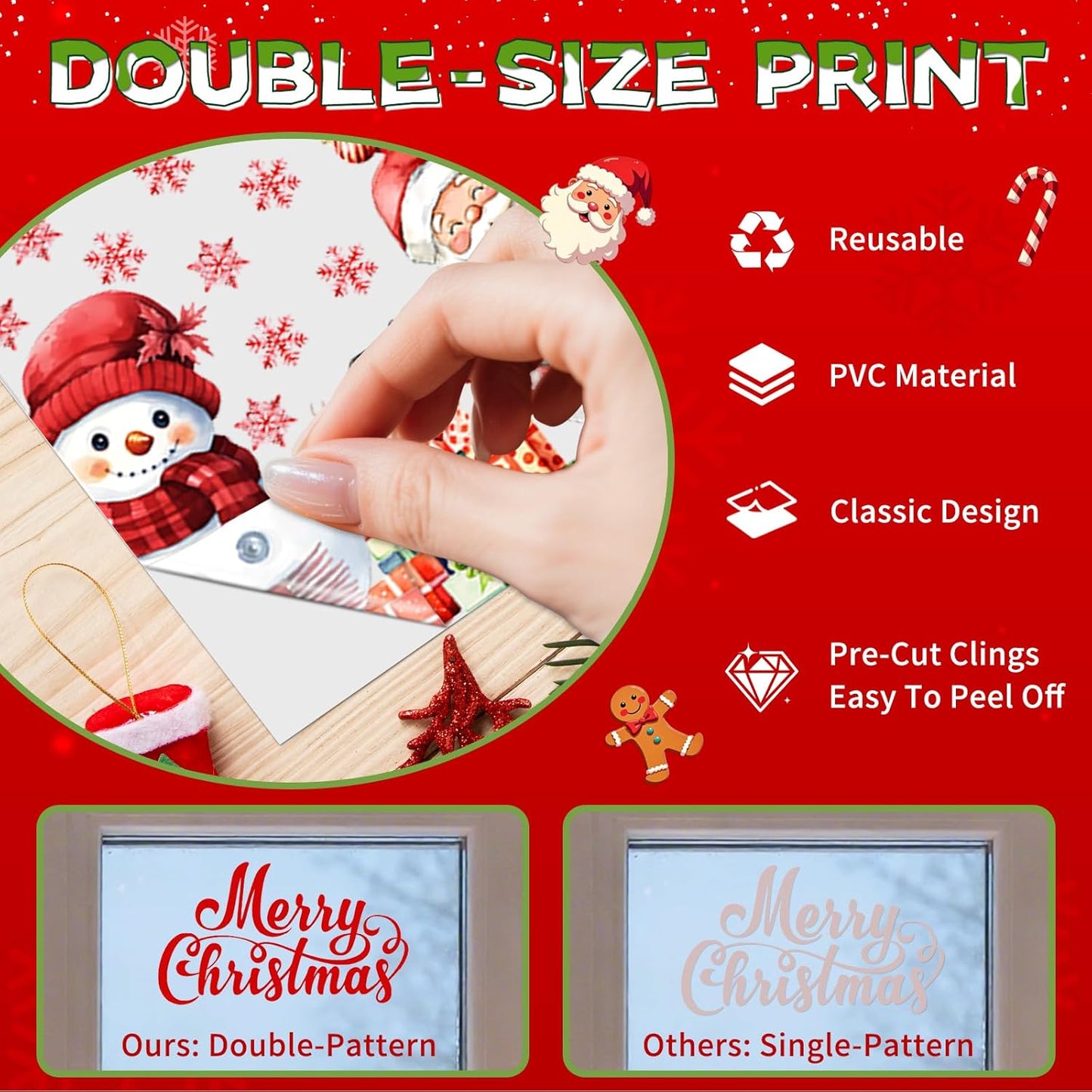 9 Sheets Christmas Window Stickers - Festive Holiday Lights, Santa, Snowman & Reindeer Window Clings, Reusable Christmas Windows Decals for Home Party Decor/Indoor Glass Decoration Festival Decor
