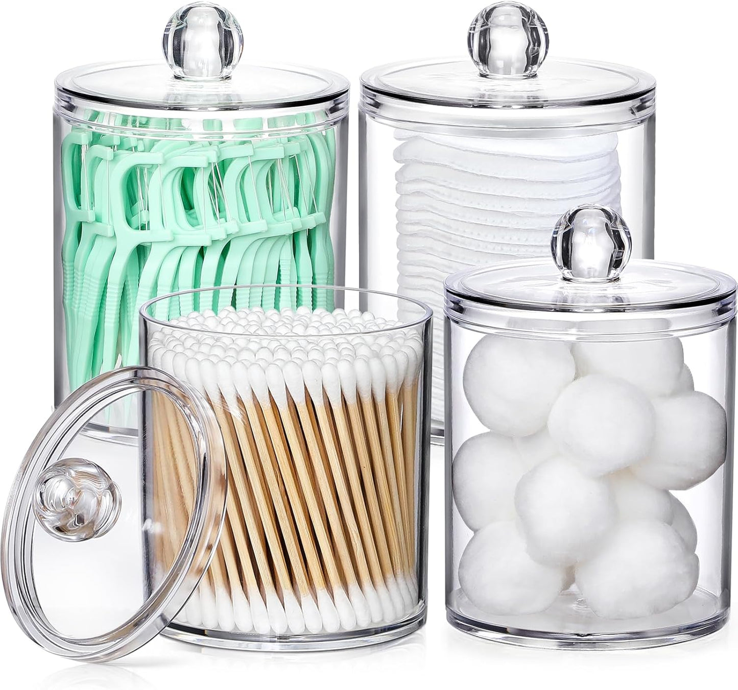 Clear Acrylic Qtip Holder Dispenser Set 4-Pack – Bathroom Vanity Storage Jars for Cotton Balls, Swabs, Pads, Floss Picks (10oz & 12oz)