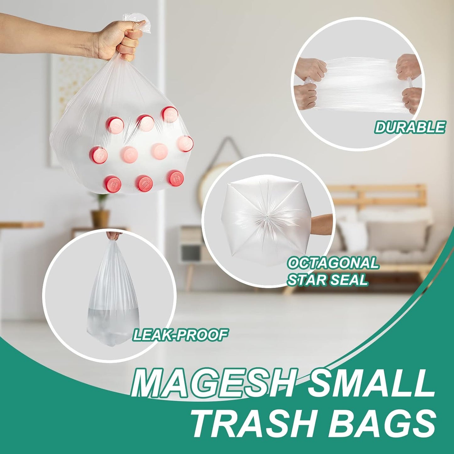 Magesh 4 Gallon Trash Bag Strong, Leakage-Free, Small Garbage Bags Unscented Thick for Bathroom, Office, Kitchen Small Trash Can, 15L, 105 Bags, Clear