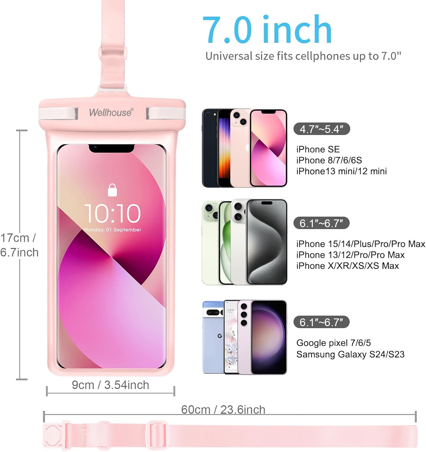 wellhouse Waterproof Phone Pouch, Waterproof Phone Case for iPhone 16 15 14 13 12 Pro Max XS Samsung, IPX8 3D Cellphone Dry Bag Beach Essentials (1 Pack - Pink7.0, 7 inch)