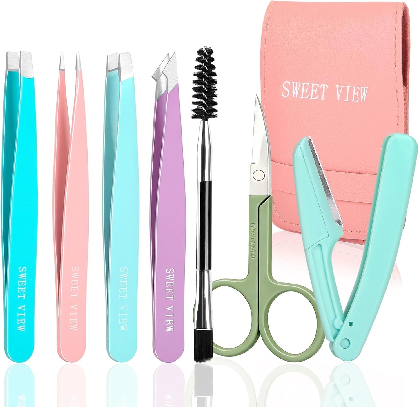 7pcs Eyebrow Tweezers Kit for Women Precision Plucker with Brow Scissors & Razor & Spoolie for Facial, Chin, Brow, Splinter and Ingrown Hair