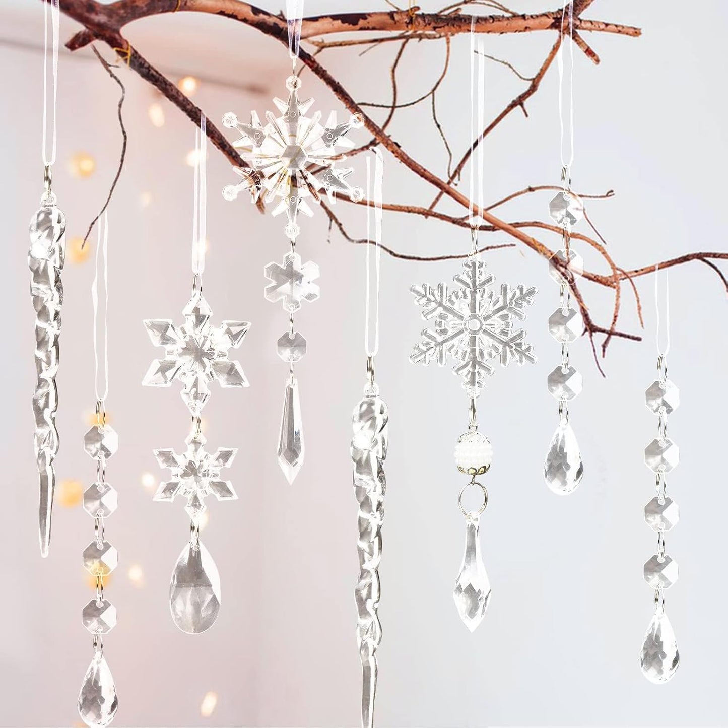 18PCS Crystal Christmas Ornaments – Clear Snowflake & Icicle Tree Decorations, Hanging Acrylic Ornaments for Xmas Tree, Winter Wedding, Holiday & New Year Party Décor