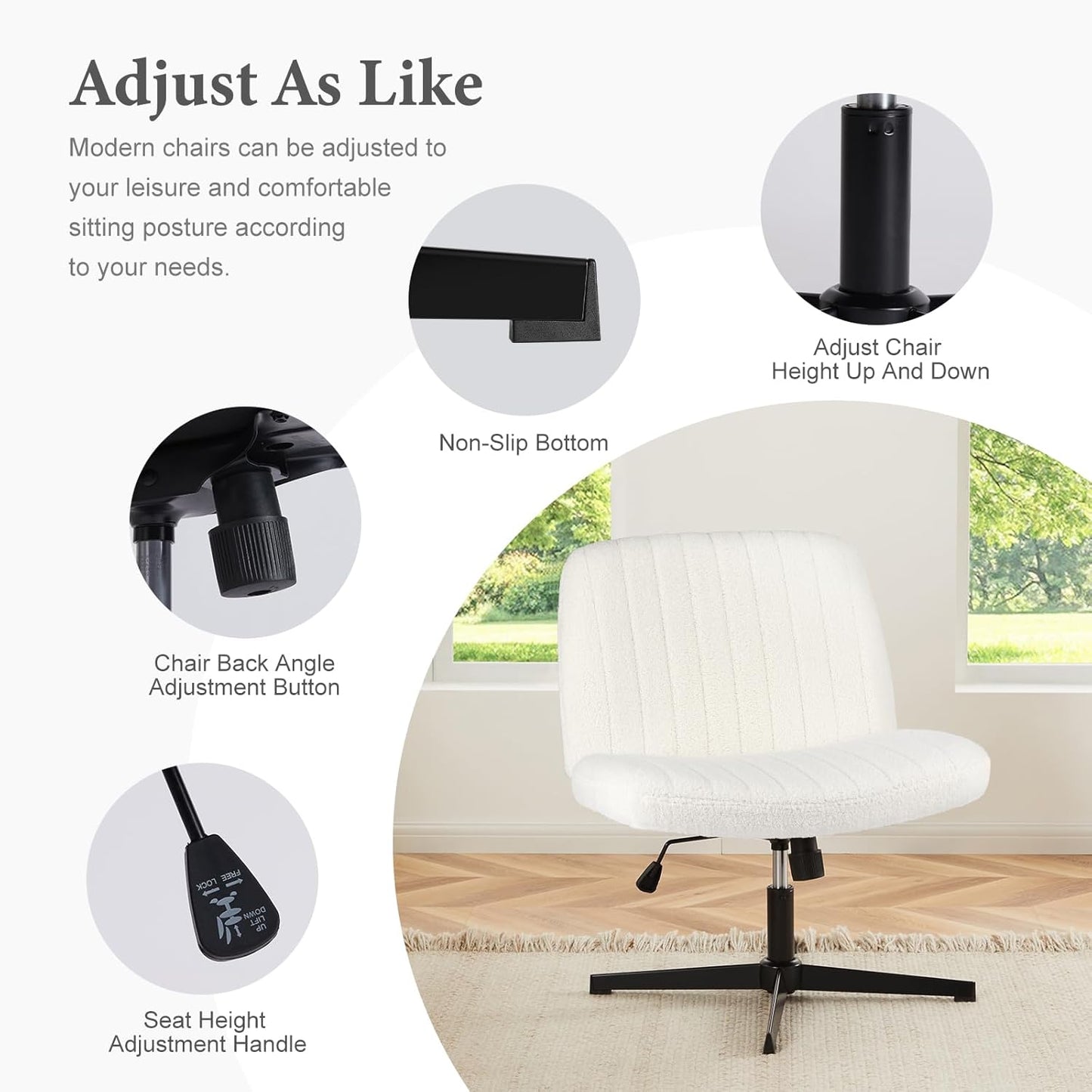 Sweetcrispy Criss Cross Chair Legged, Armless Office Swivel Desk Chair No Wheels, Vanity Height Adjustable Wide Seat Computer Task Seating - Teddy Cream