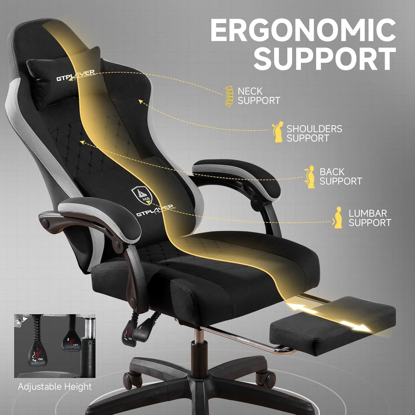 GTPLAYER Office Chair, Gaming Computer Desk Fabric Chair with Footrest, High Back Ergonomic Office Chair with Pocket Spring Lumbar Support and Linkage Armrests Adjustable Height Swivel for Home Task