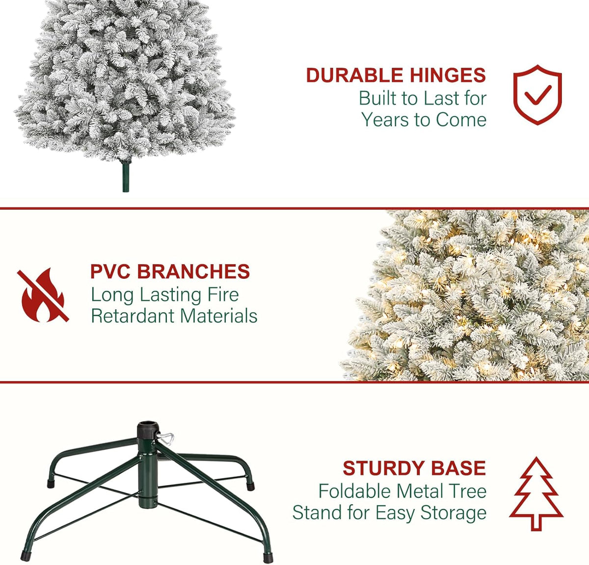 Hykolity 6 ft Prelit Snow Flocked Christmas Tree, Artificial Christmas Tree with 250 Warm White Lights, 1032 Tips, Metal Stand and Hinged Branches