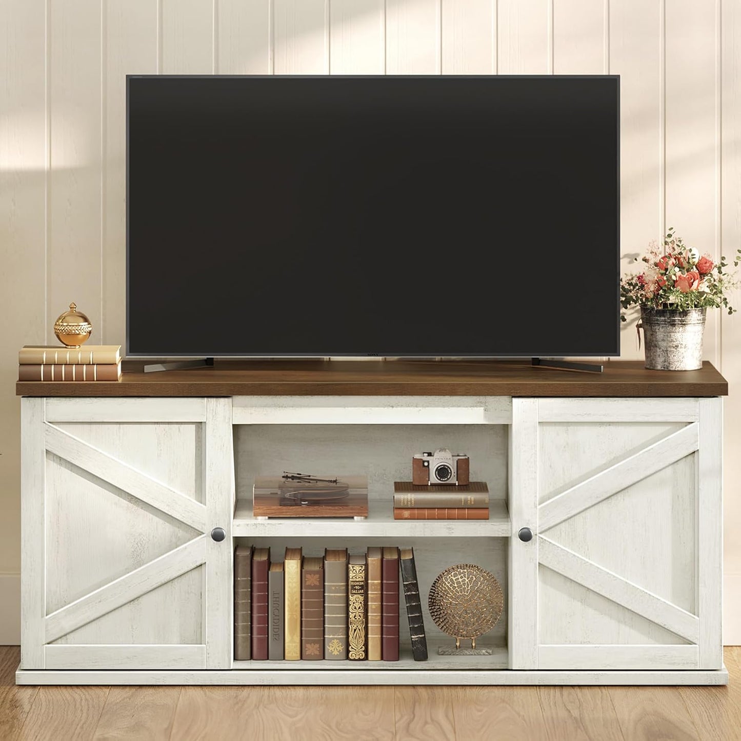 VASAGLE Farmhouse TV Stand for TVs up to 65 Inches, Entertainment Center with Storage Cabinets and Sliding Barn Doors, Media Console Table for Living Room, Rustic White and Honey Brown ULTV535W01
