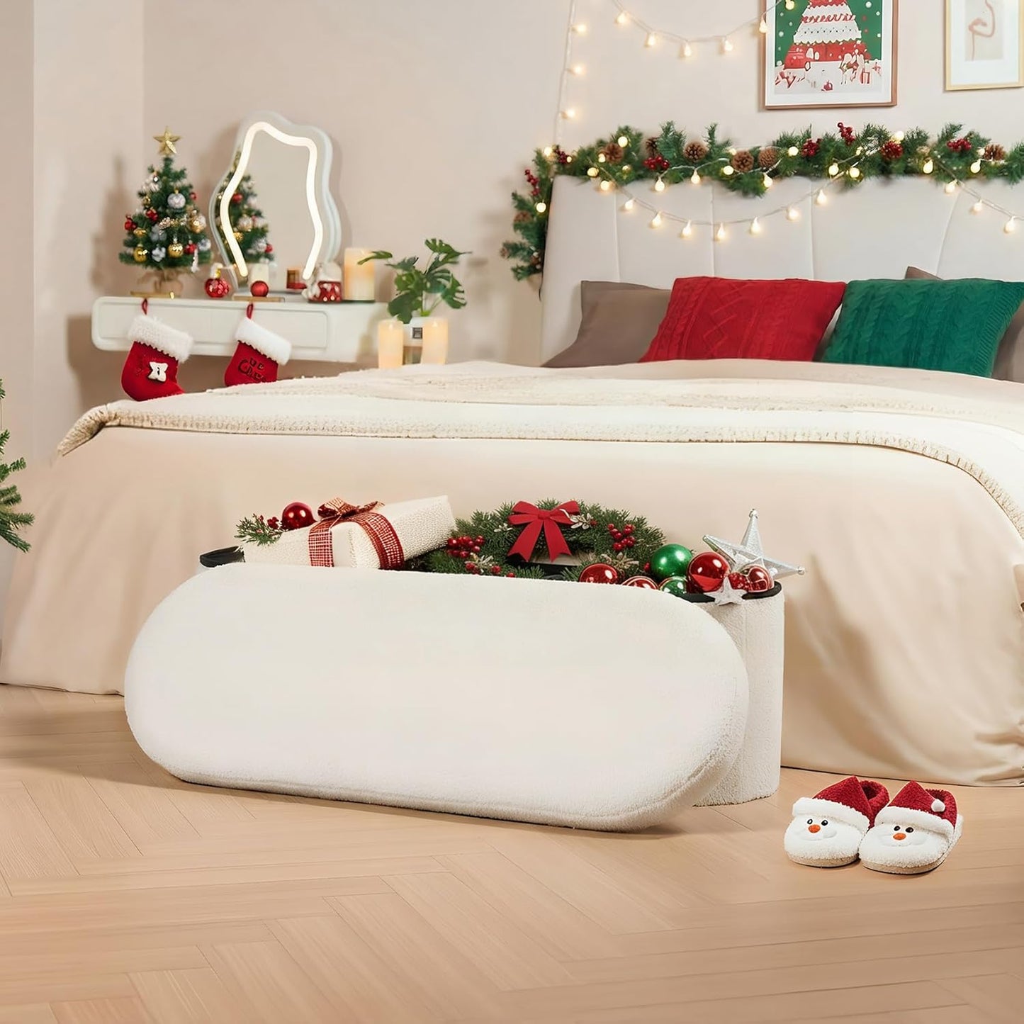 B FSOBEIIALEO Ottoman with Storage for Living Room, Sherpa Folding Storage Ottoman Foot Rest, 43.3 Inches Collapsible Bedroom Bench White