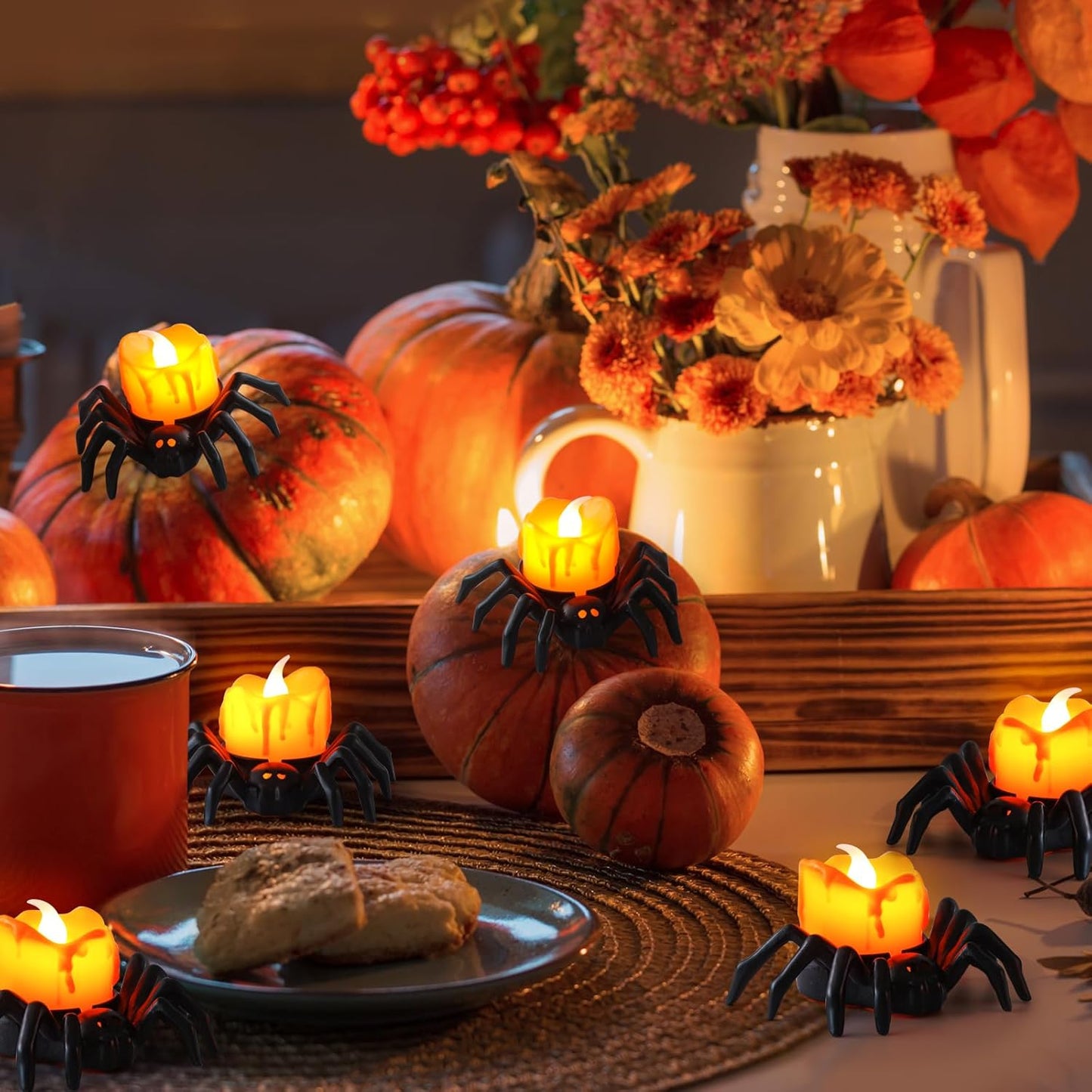 12 Packs Halloween Spider Lights,Bright Novelty LED Flameless Spider Candle Tea Lights,Battery Operated Orange Halloween Decor Lights for Halloween Holiday Party Home Spooky Decor