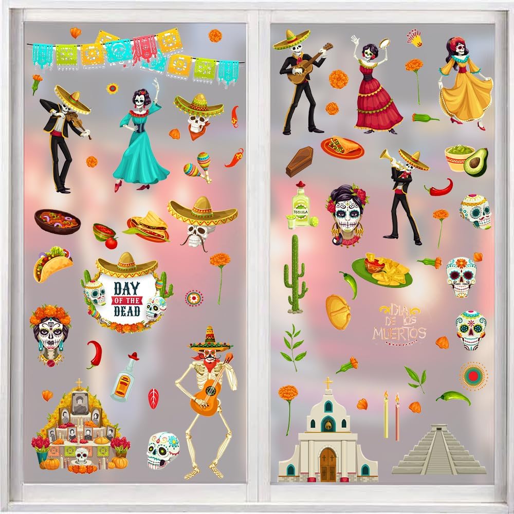 9 Sheets Halloween Window Clings, Sugar Skull Flower Double-Sided Window Stickers Reusable Static Day of The Dead Guitar Grave Window Decals for Mexican Dia De Los Muertos Decorations Party Supplies