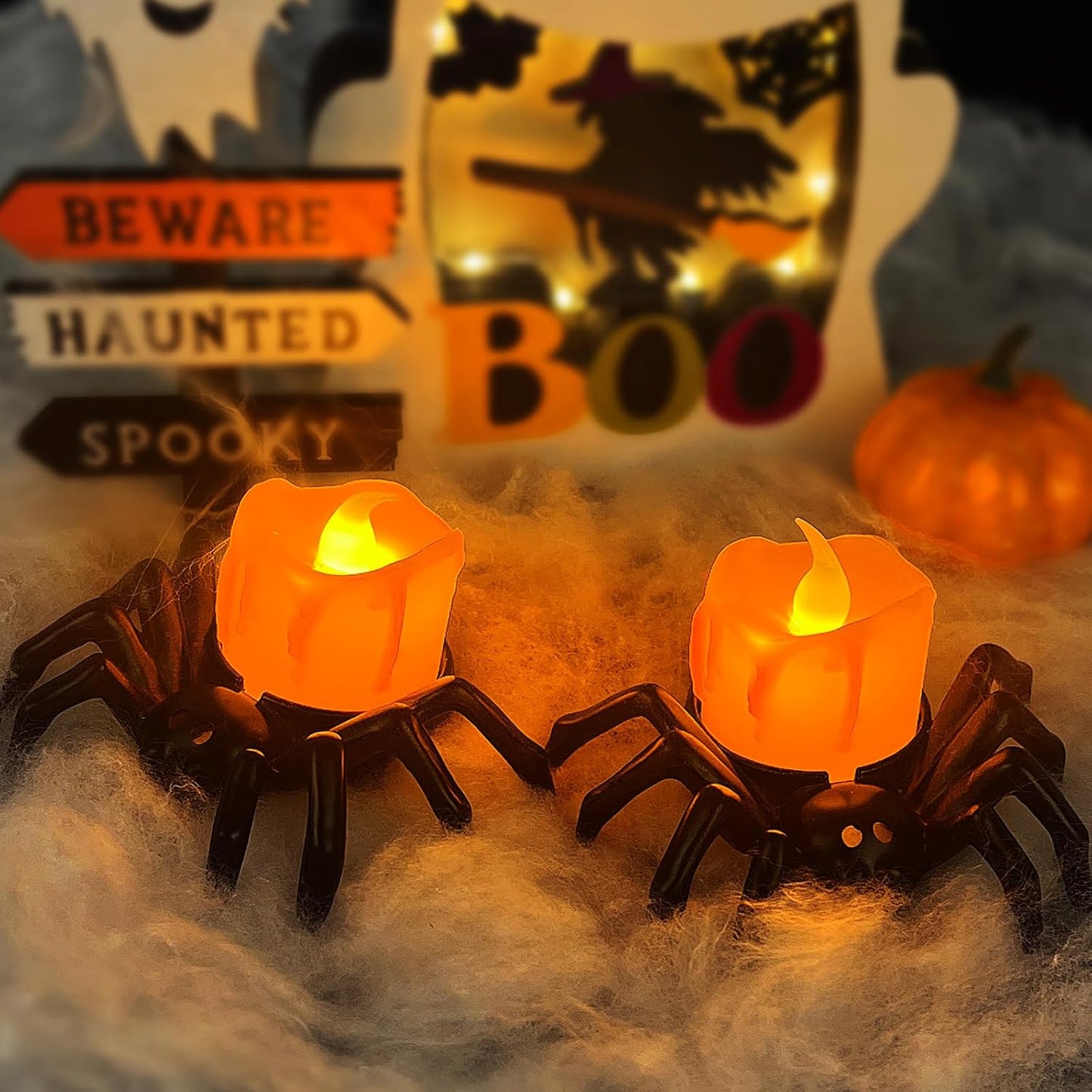 FOIMAS 6 PCS Halloween Tea Lights Candles,Halloween Flameless Candles Halloween Spider Tealights Spooky Flickering Fake Candles for Halloween Party Decorations, Black