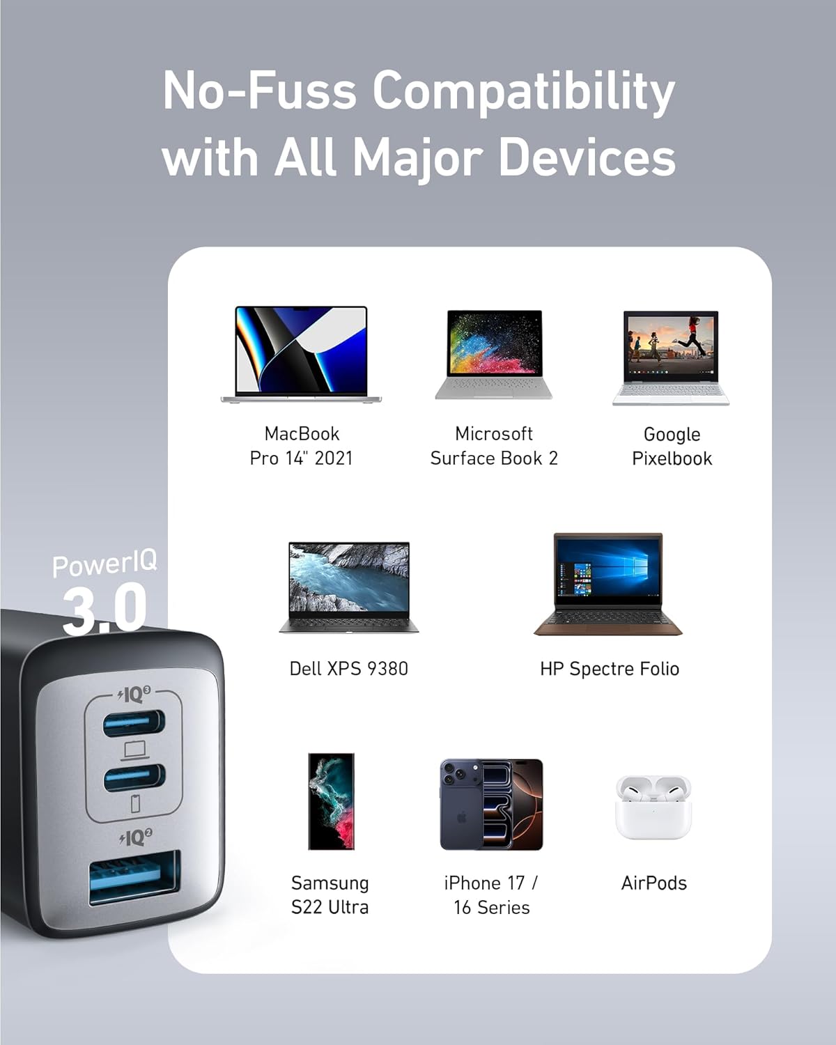 Anker USB C Charger(Nano II 65W), PPS 3-Port Fast Compact Foldable Wall Charger for MacBook Pro/Air, iPad Pro, Galaxy S20, Dell XPS 13, Note 20/10+, iPhone 16/16 Pro, Steam Deck, and More