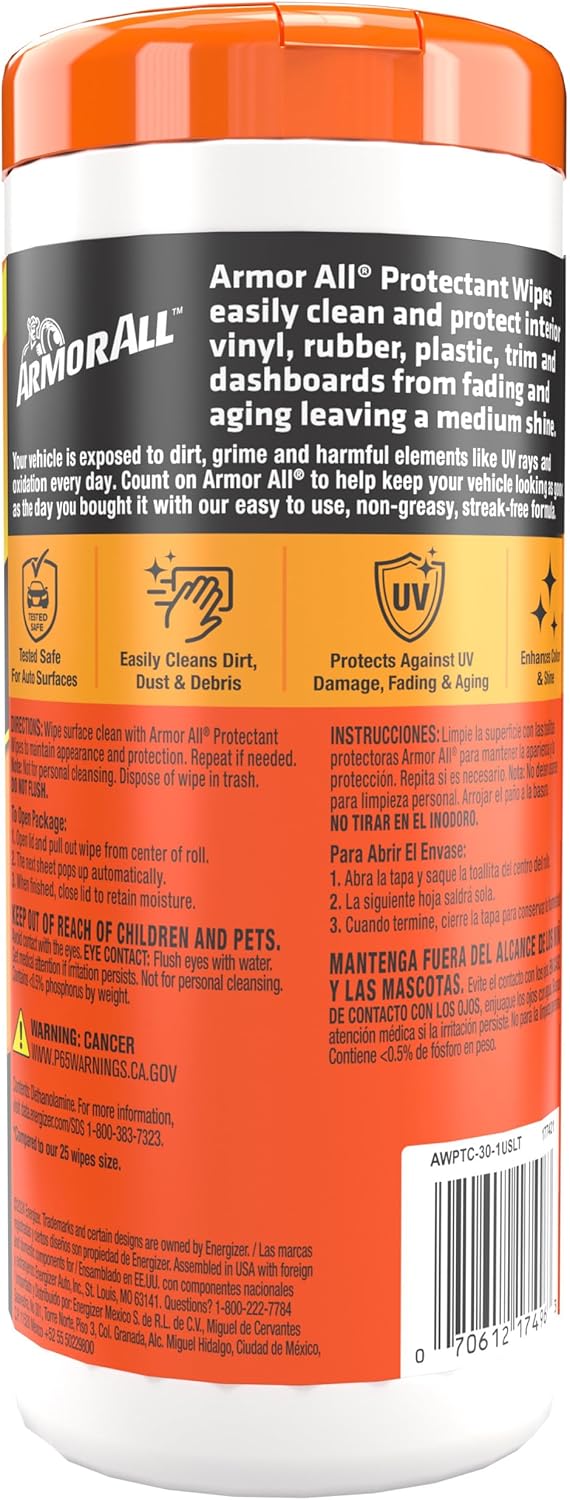 Armor All Original Protectant Wipes, Car Interior Cleaner Wipes with UV Protection to Fight Cracking & Fading, 30 Count