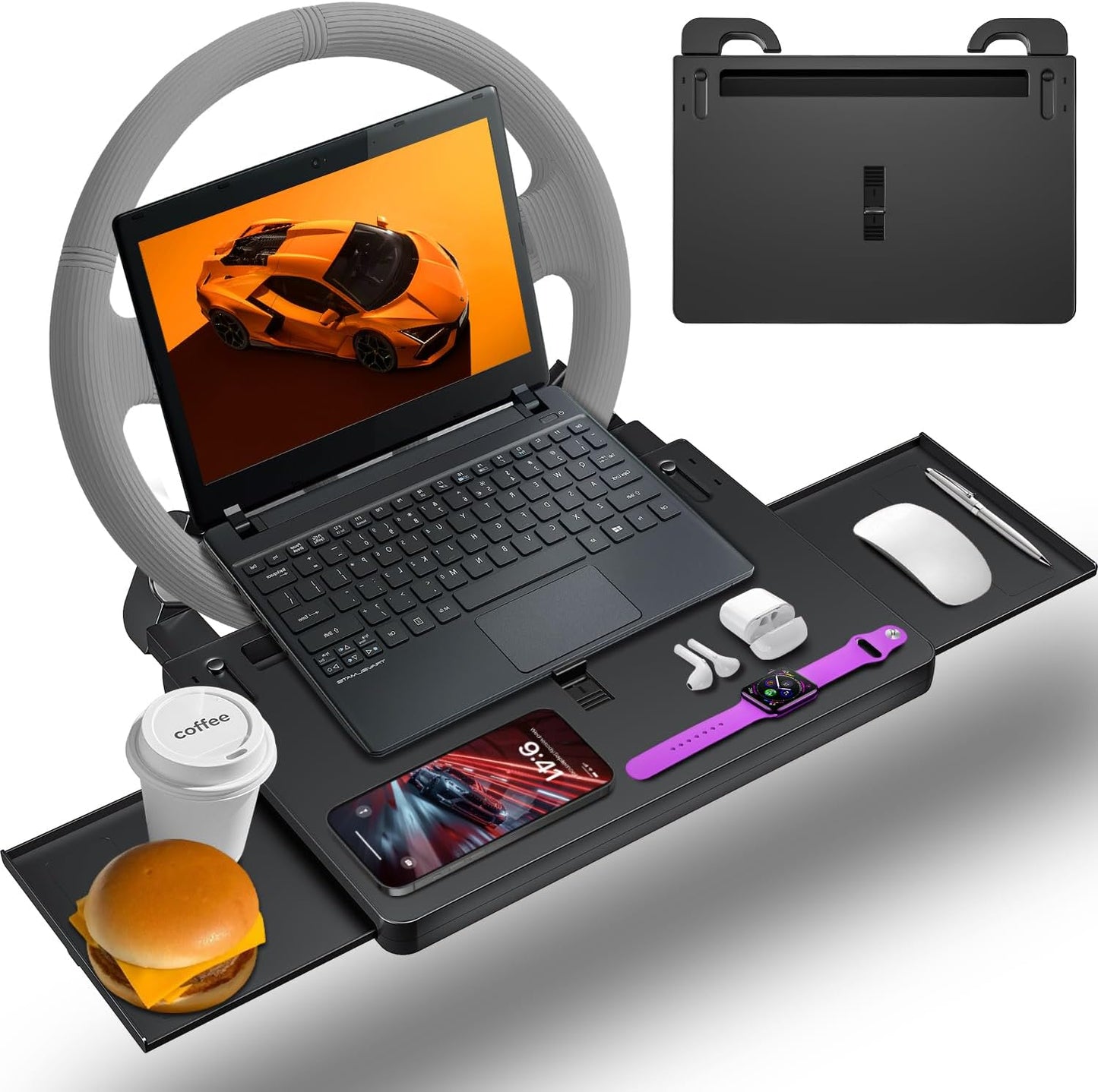 Steering Wheel Tray, Car Food Tray, Car Desk for Laptop, Multipurpose Car Table for Eating & Work, Adjustable Car Tray with Drawer and Anti-Slip Protective Adhesive